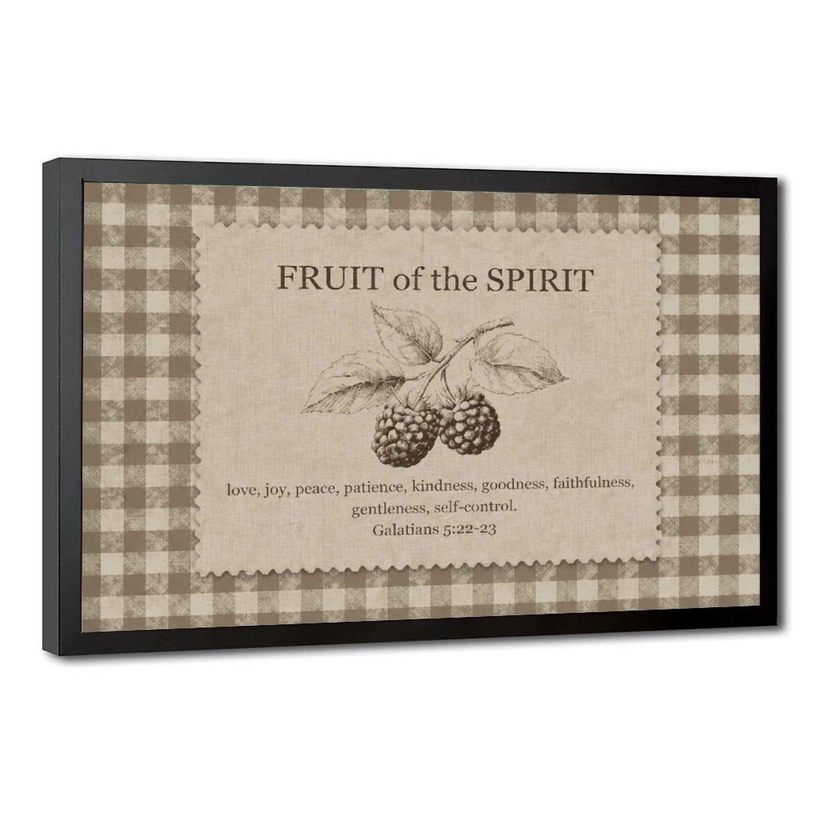 Fruit of the Spirit scripture typography with berry illustration in taupe, cream, brown tones — Black Frame HERO