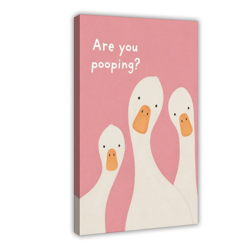 three white ducks beneath bathroom humor typography in pink, white, orange tones — Wrapped Canvas HERO