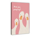 three white ducks beneath bathroom humor typography in pink, white, orange tones — Wrapped Canvas HERO