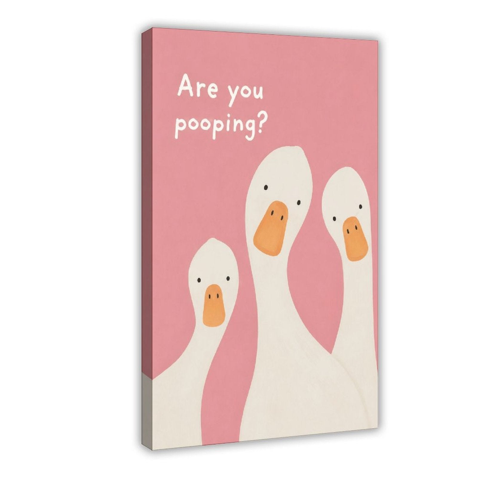 three white ducks beneath bathroom humor typography in pink, white, orange tones — Wrapped Canvas HERO