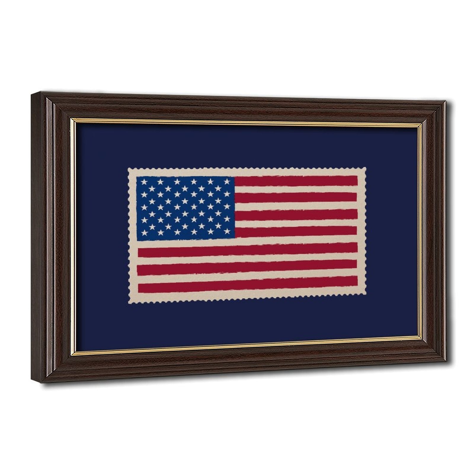American flag motif on a navy blue field in graphic poster art style — Wood Grain Gold Frame HERO