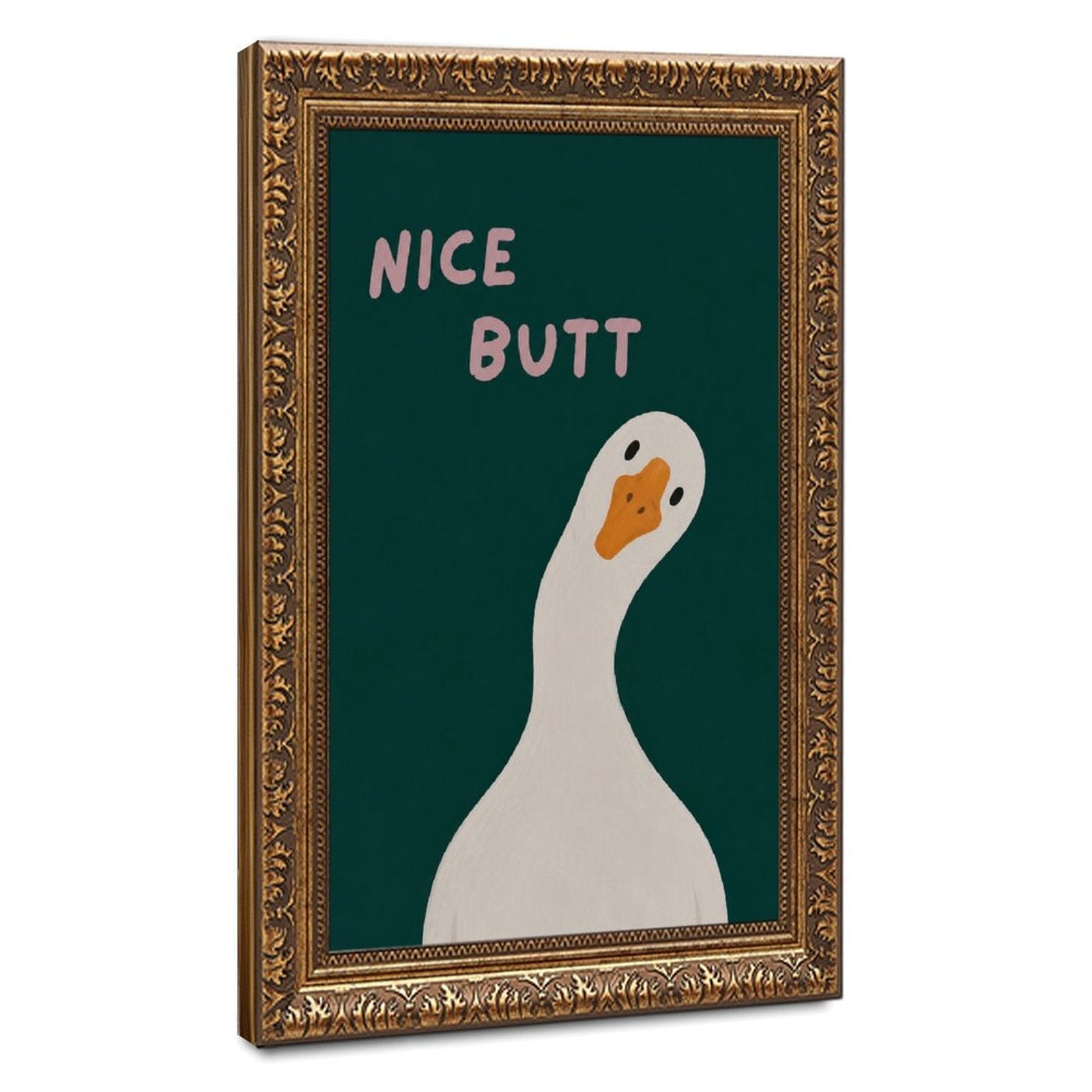 white goose beneath cheeky typography in deep teal, white, pink tones — Vintage Gold Frame HERO