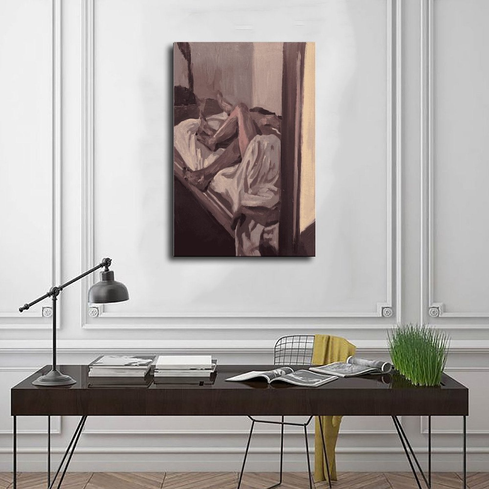 abstract seated figure in muted brown tones in abstract figurative art style — Wrapped Canvas SCENE_01