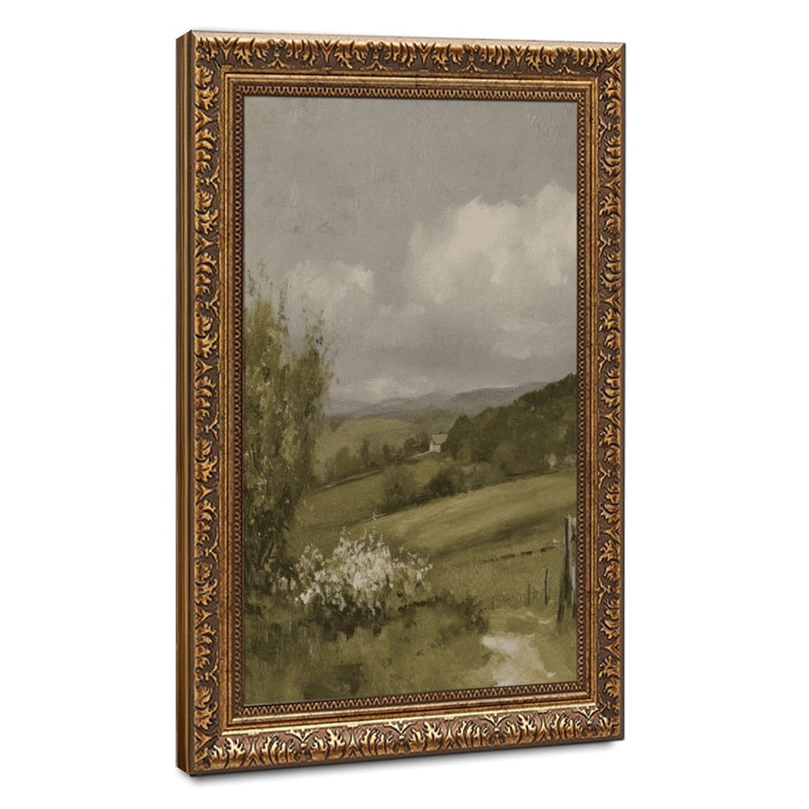 misty countryside valley with a small house and winding path in landscape painting style — Vintage Gold Frame HERO