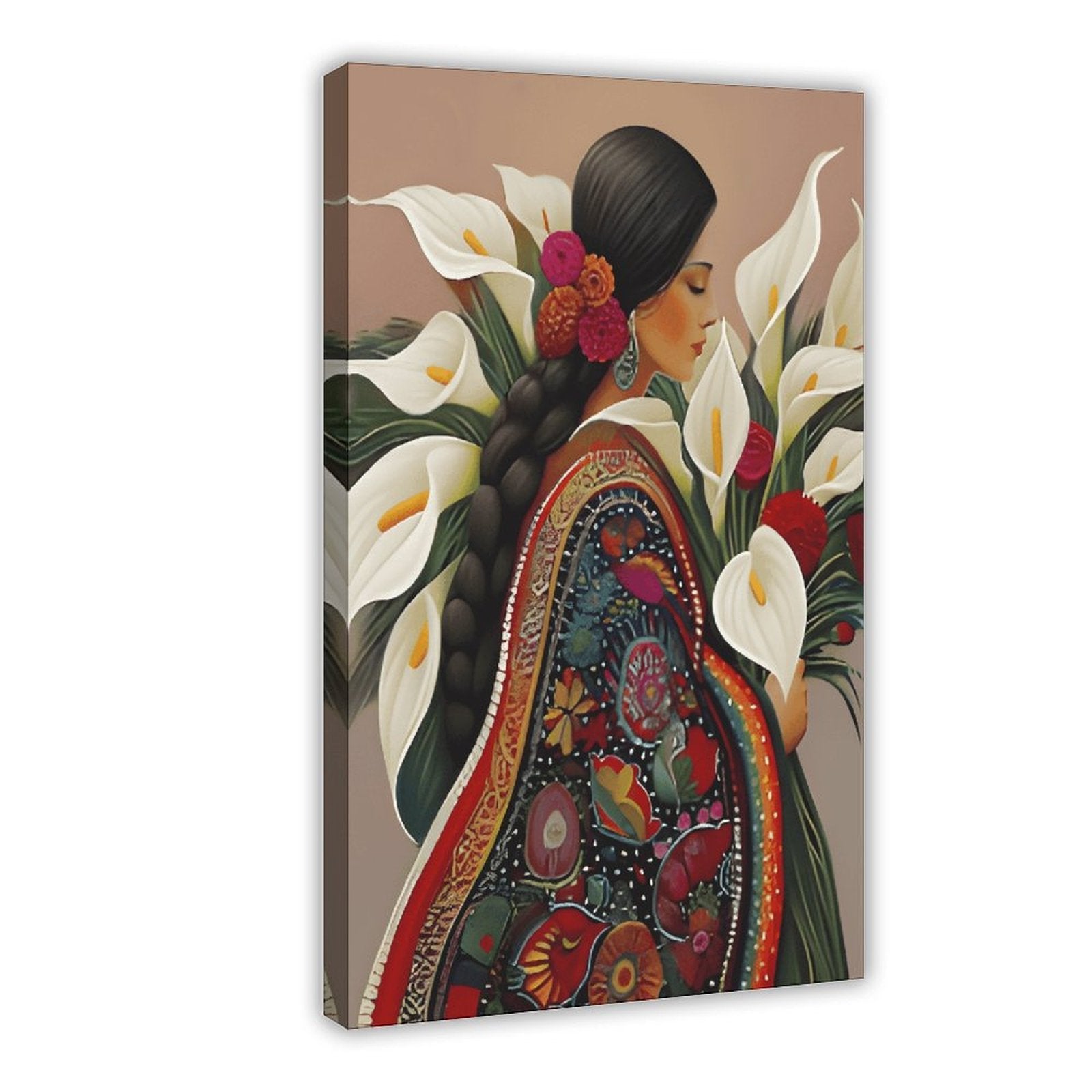 stylized woman surrounded by lilies and red flowers in decorative figurative art style — Wrapped Canvas HERO