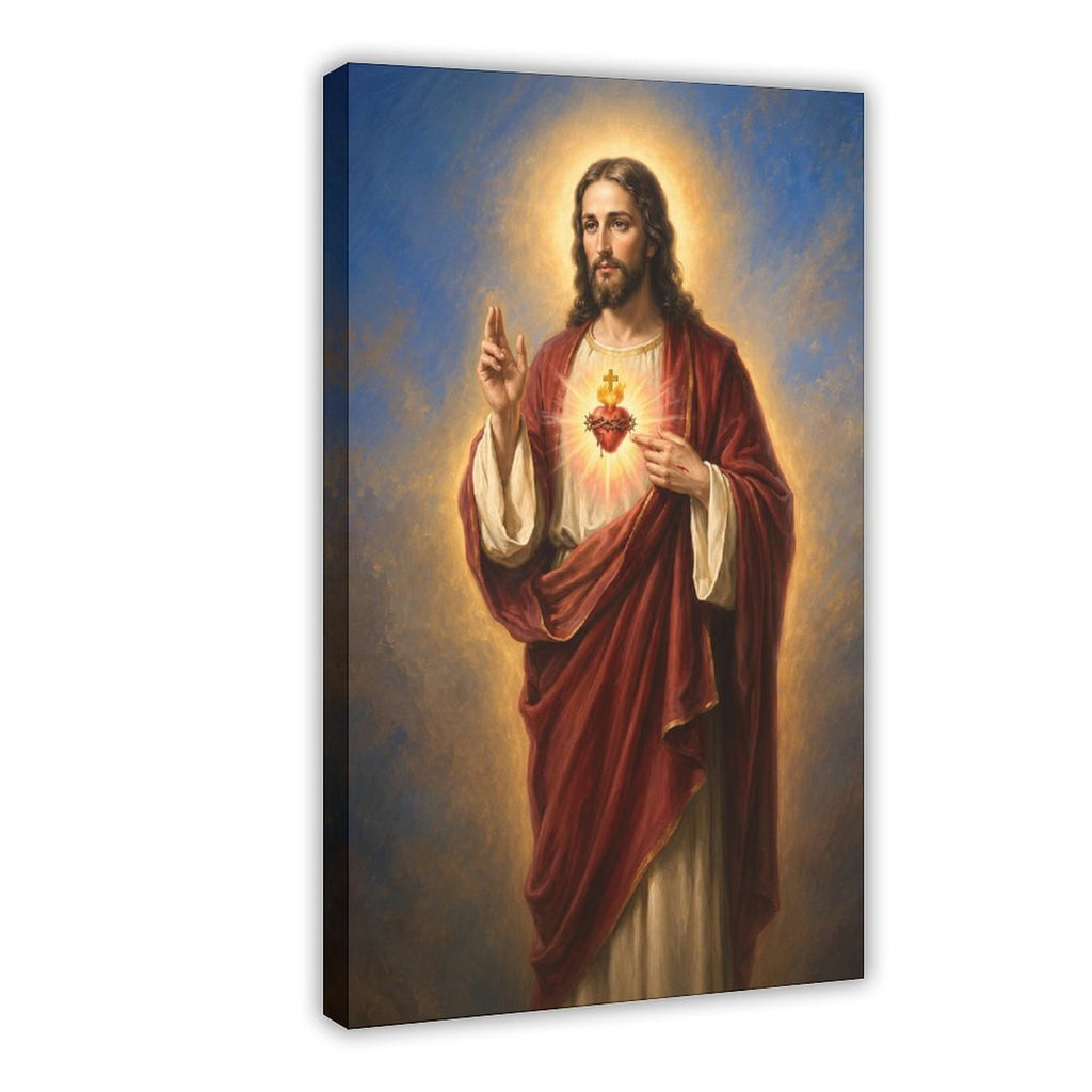 haloed sacred figure displaying a radiant heart symbol in red, cream, gold tones — Wrapped Canvas HERO