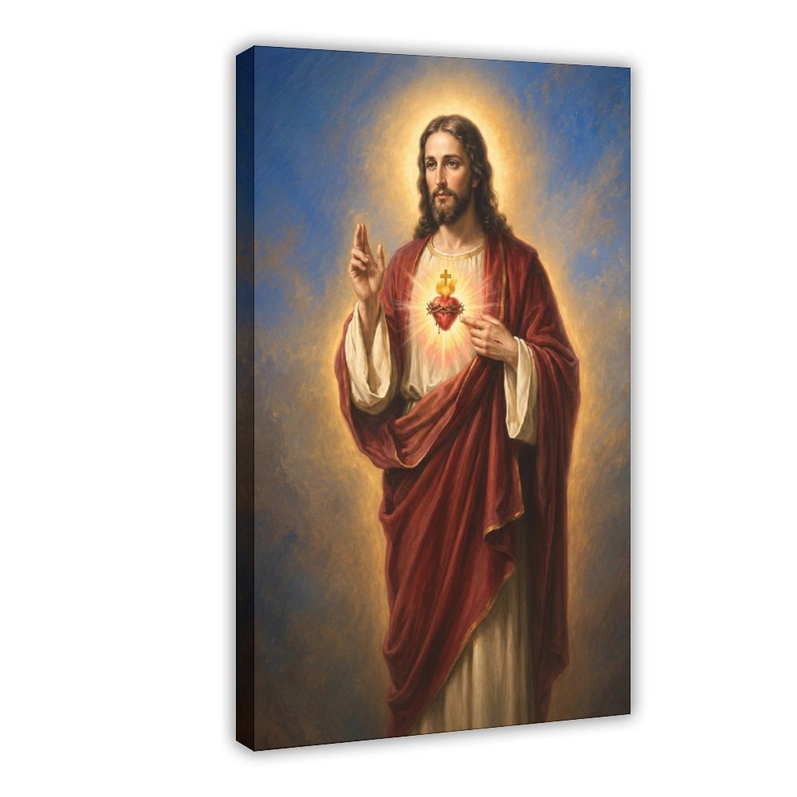 haloed sacred figure displaying a radiant heart symbol in red, cream, gold tones — Wrapped Canvas HERO