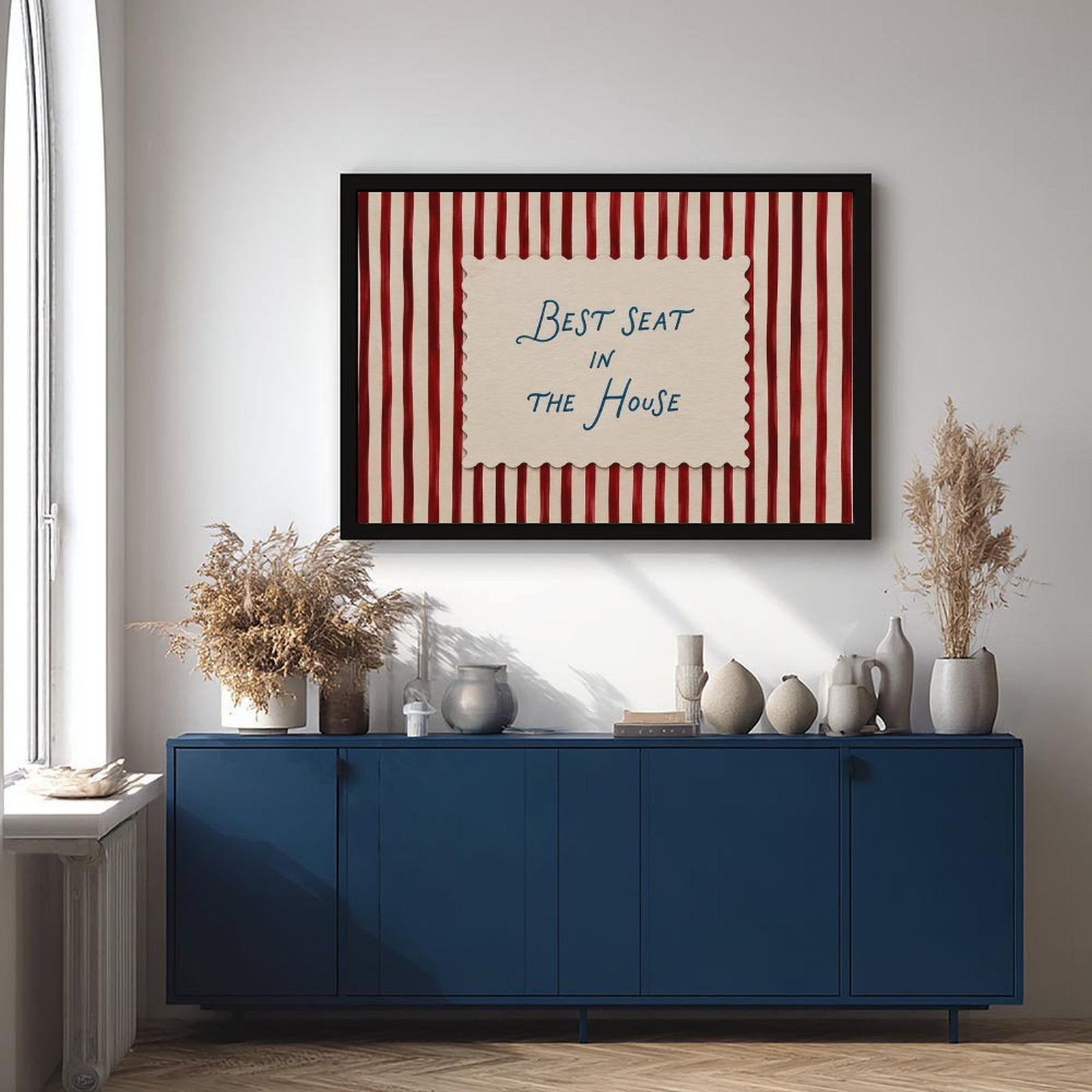 blue handwritten phrase on red striped background in red, cream, blue tones — Black Frame SCENE_01