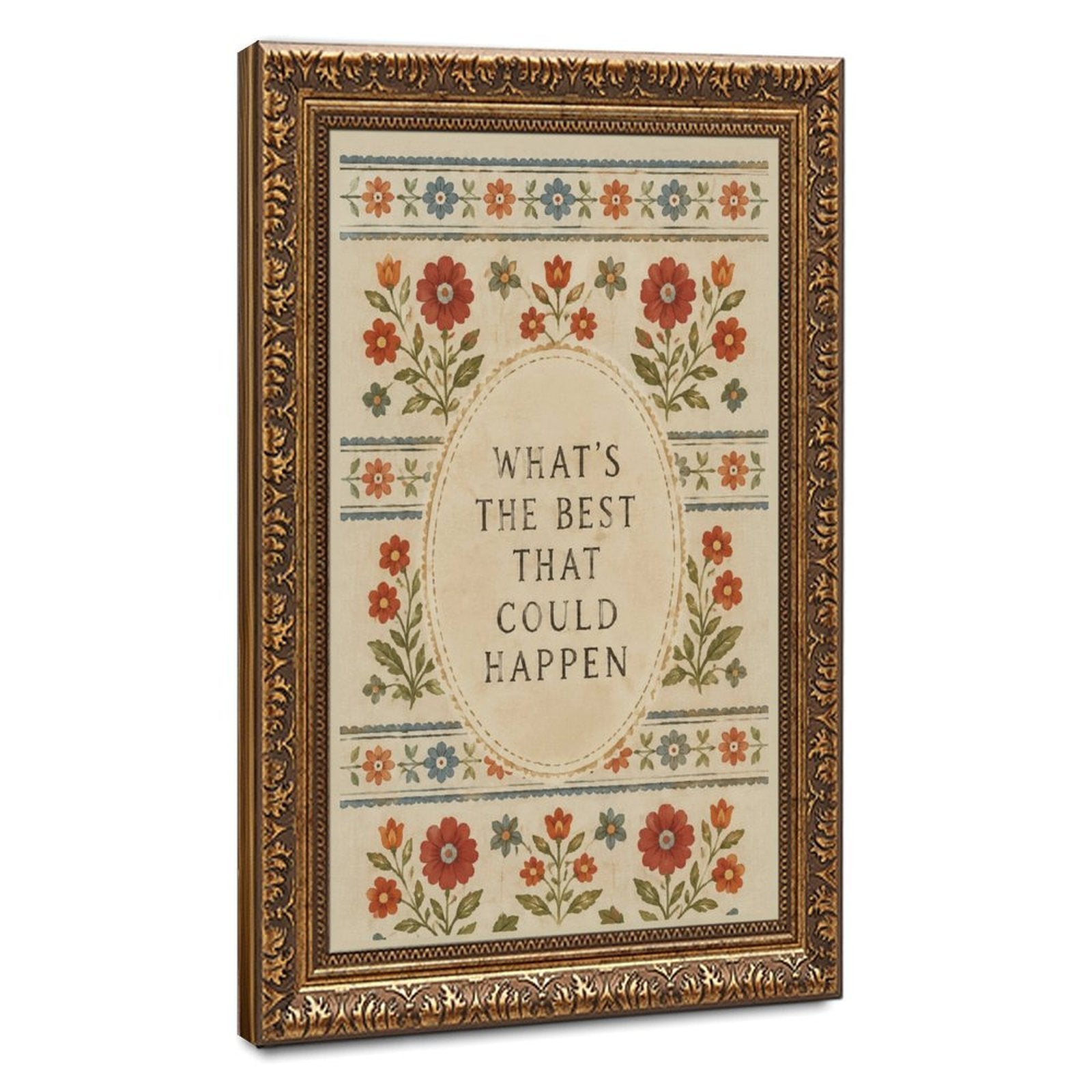 muted floral folk-art border around optimistic typography in rust, dusty blue, olive green tones — Vintage Gold Frame HERO
