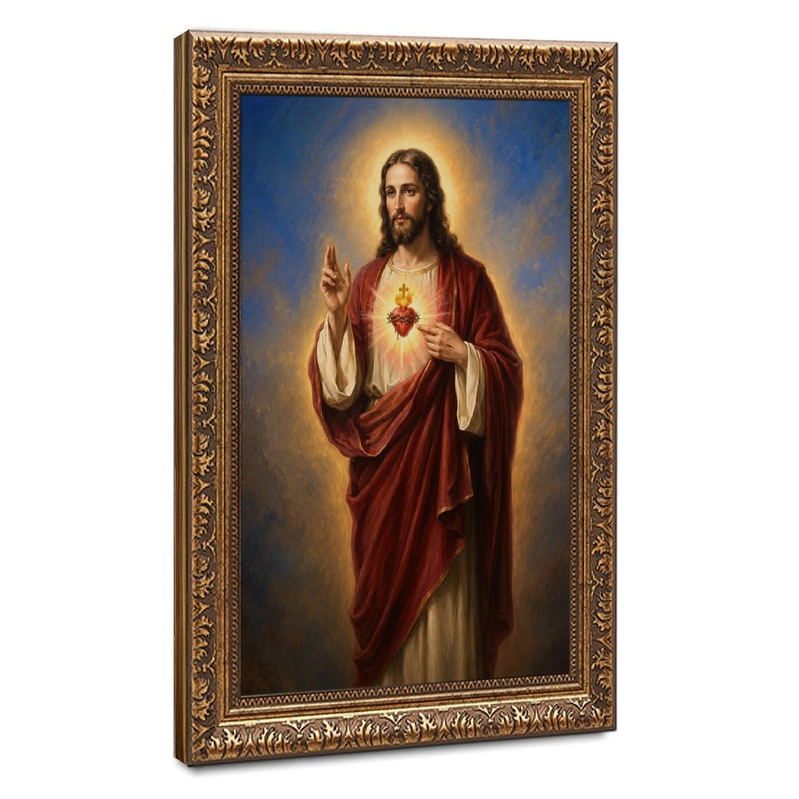 haloed sacred figure displaying a radiant heart symbol in red, cream, gold tones — Vintage Gold Frame HERO