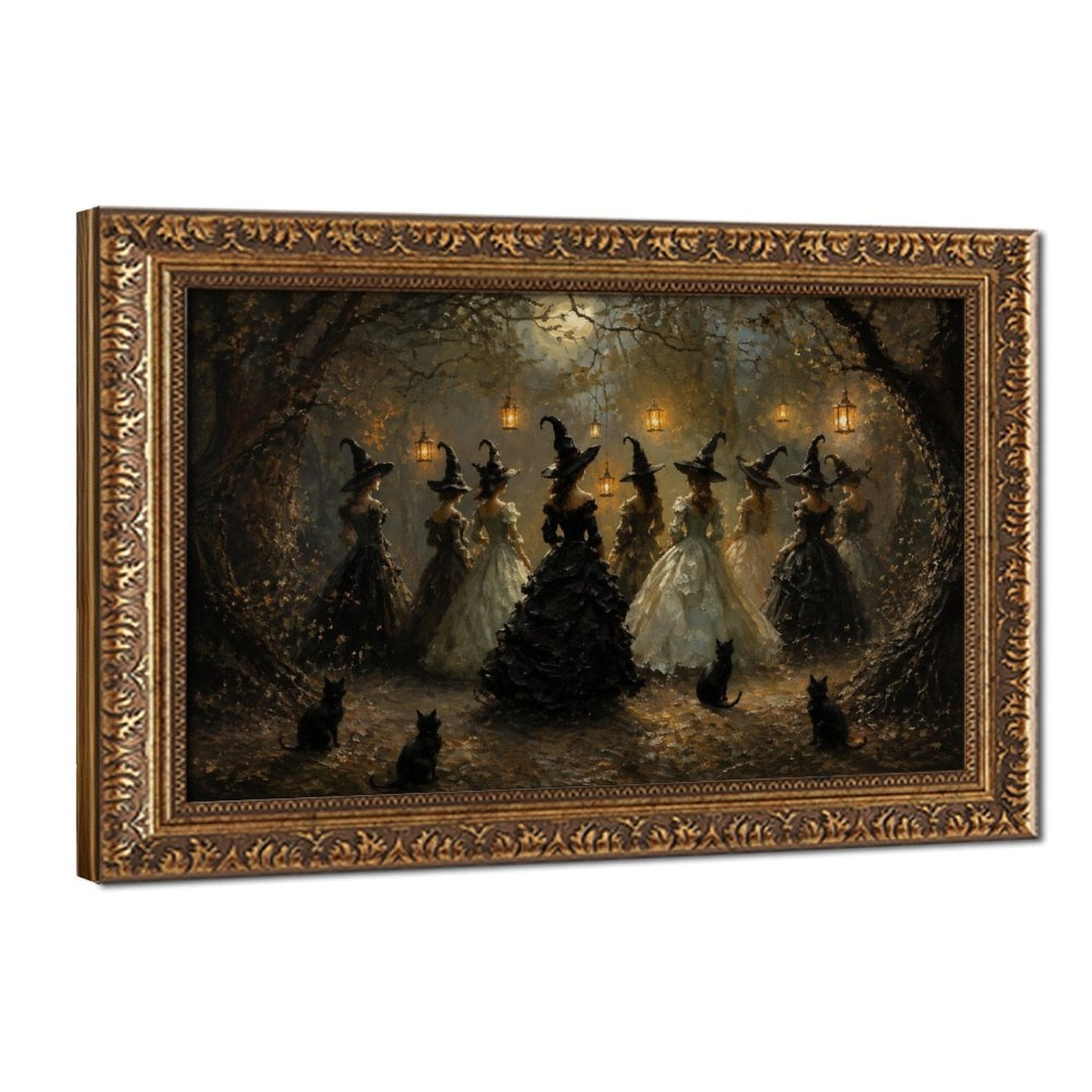 group of witches dancing in a moonlit woodland gathering in black, cream, gold tones — Vintage Gold Frame HERO