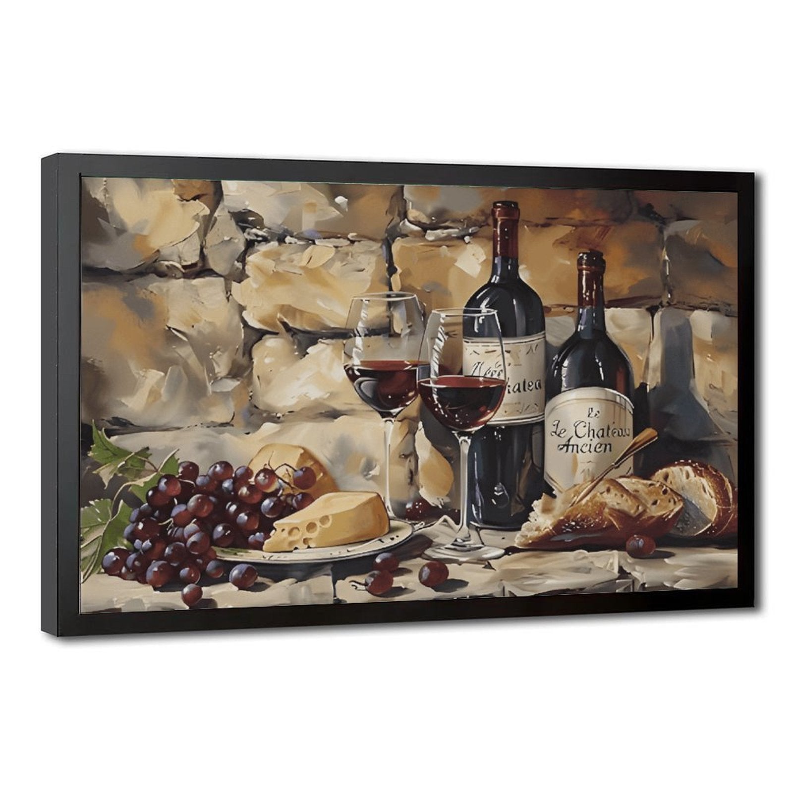 wine bottles, glasses, grapes, cheese, and bread in painterly still life style — Black Frame HERO