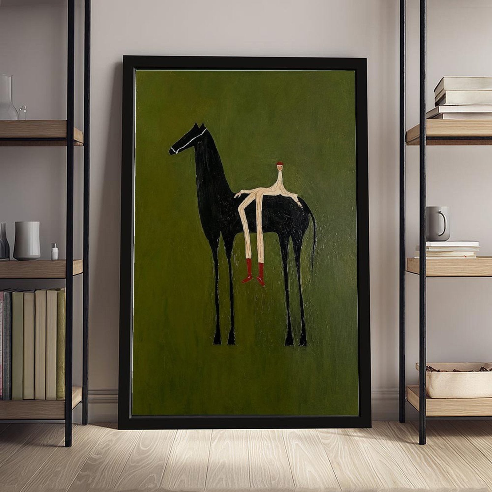 Stylized black horse with an elongated seated rider on an olive green background — Black Frame SCENE_01