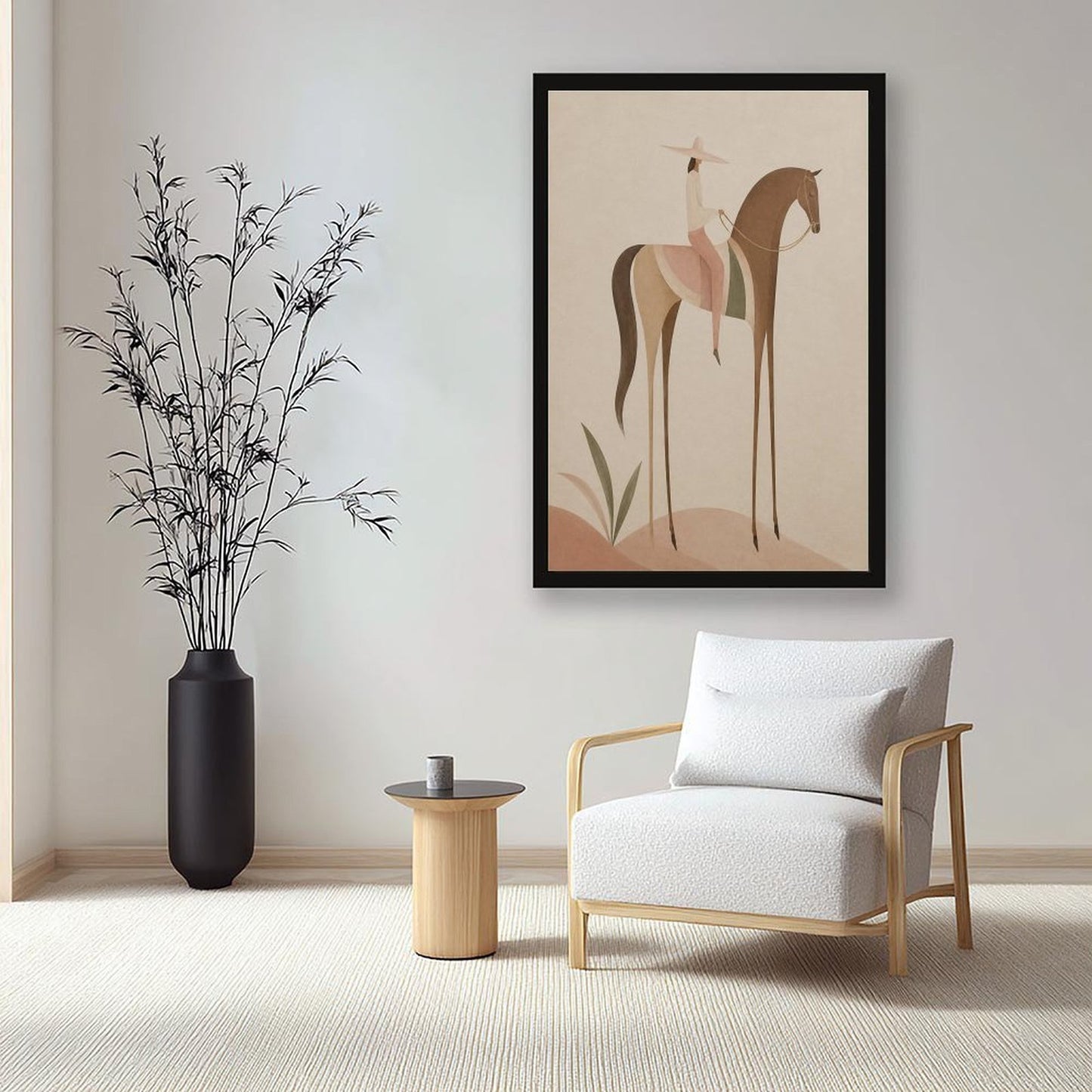 Soft Blush Long Horse canvas wall art featuring a graceful long-limbed horse in soft blush pink, warm beige, muted cream tones, displayed in the Solid Wood Black Frame style