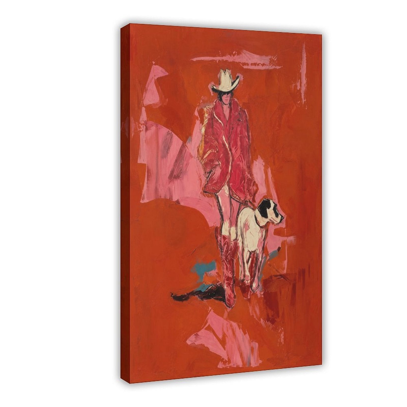 Expressive red cowboy walking beside a black-and-white hound on a painterly red background — Wrapped Canvas HERO