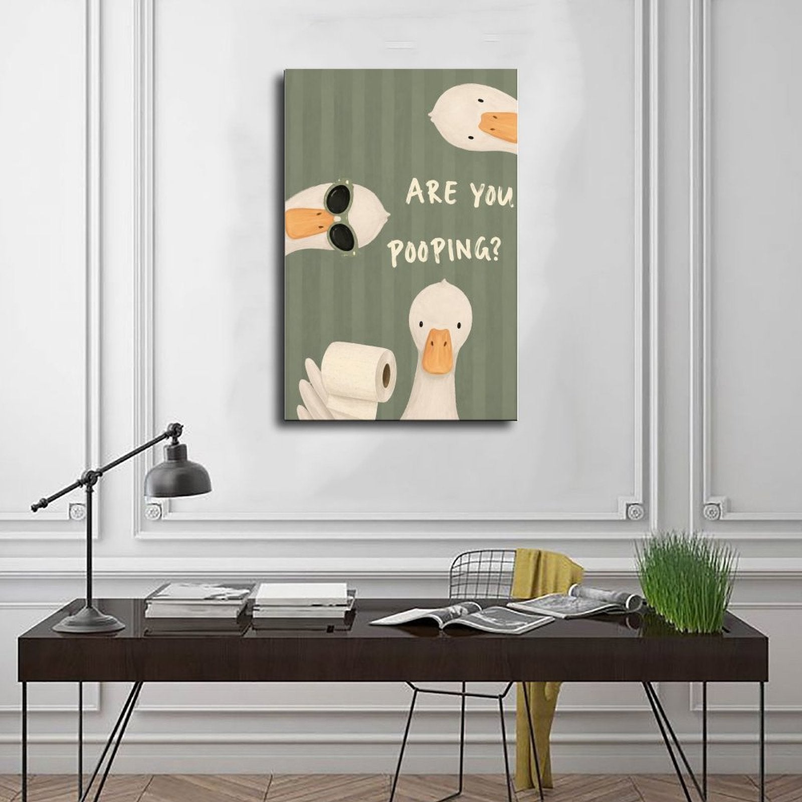 three white ducks surrounding bathroom humor typography in sage green, white, orange tones — Wrapped Canvas SCENE_01