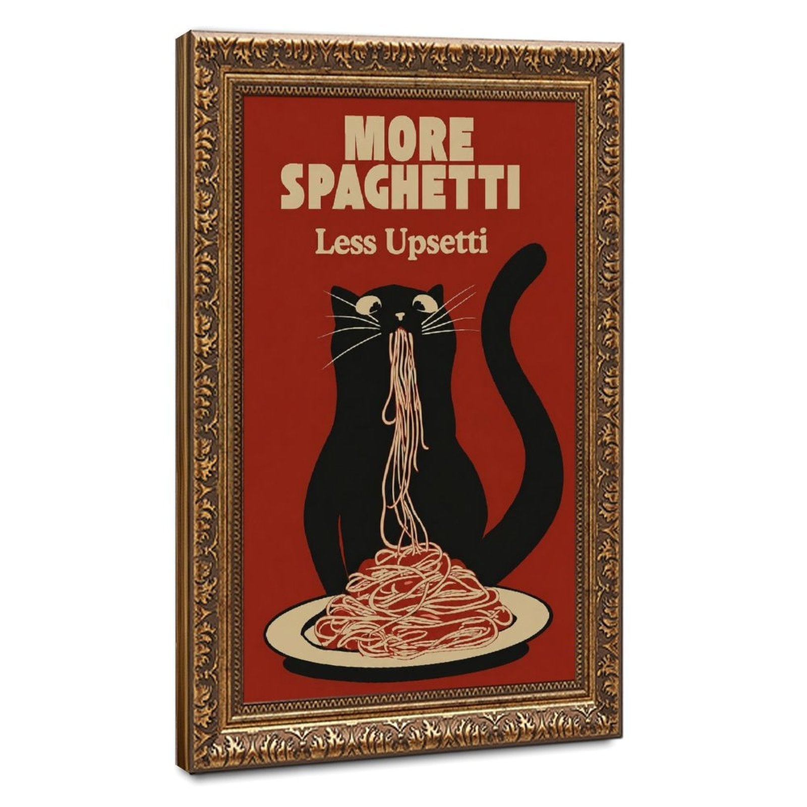 black cat eating spaghetti beneath humorous typography in brick red, black, cream tones — Vintage Gold Frame HERO