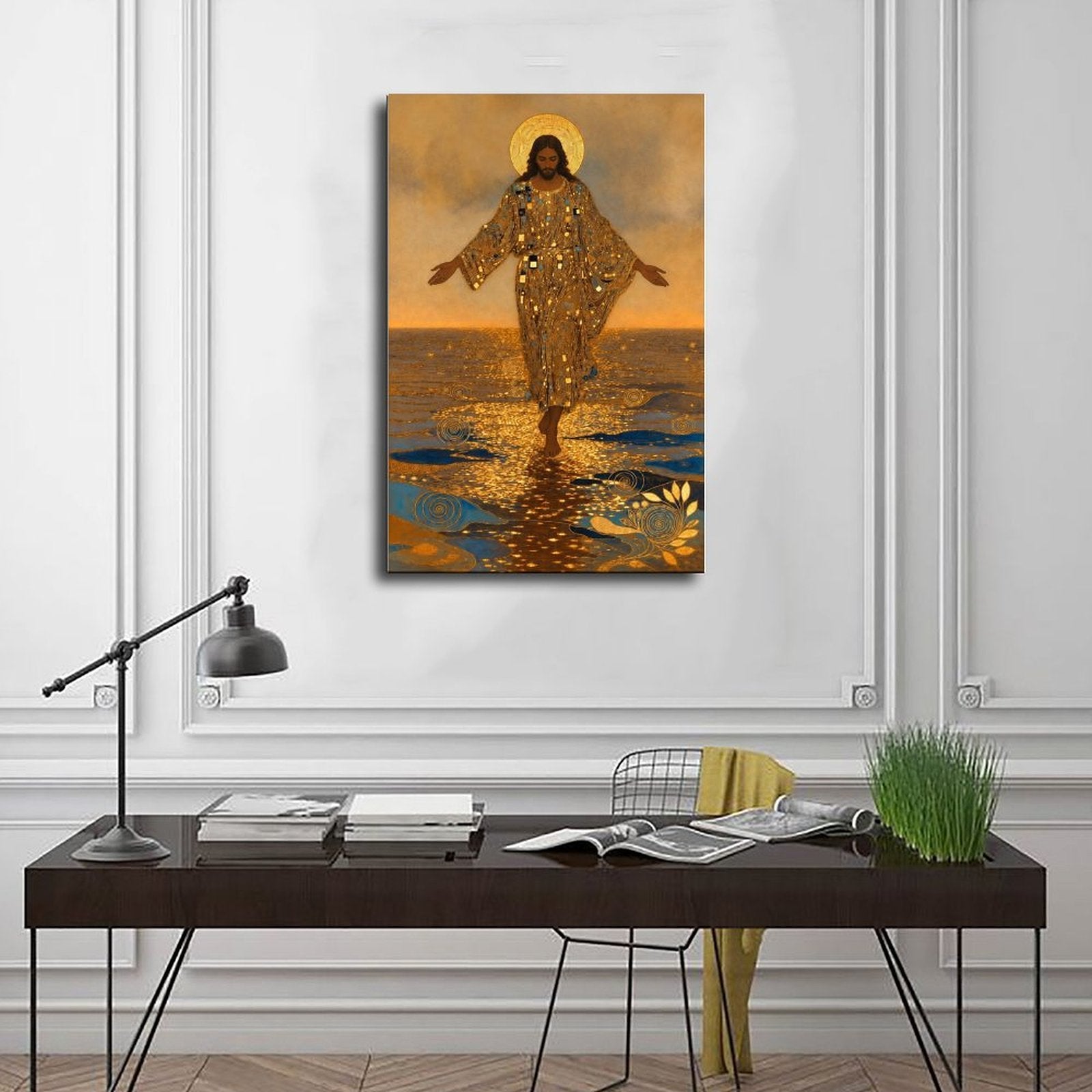 haloed sacred figure walking across reflective water in gold, deep blue, warm brown tones — Wrapped Canvas SCENE_01
