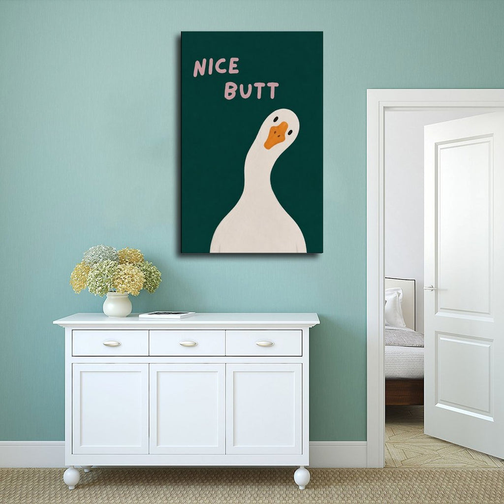 white goose beneath cheeky typography in deep teal, white, pink tones — Wrapped Canvas SCENE_02