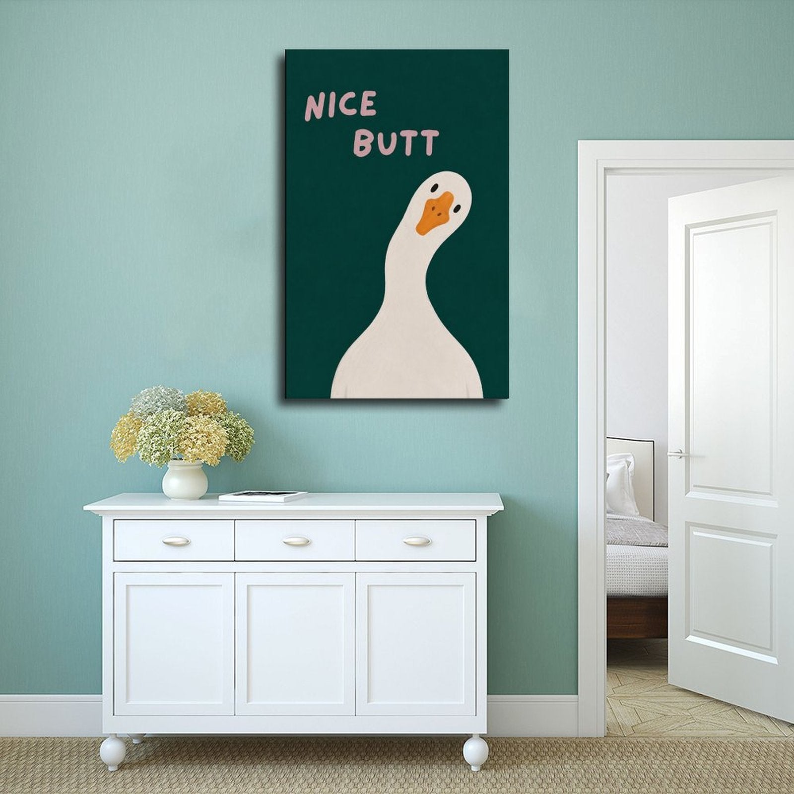 white goose beneath cheeky typography in deep teal, white, pink tones — Wrapped Canvas SCENE_02