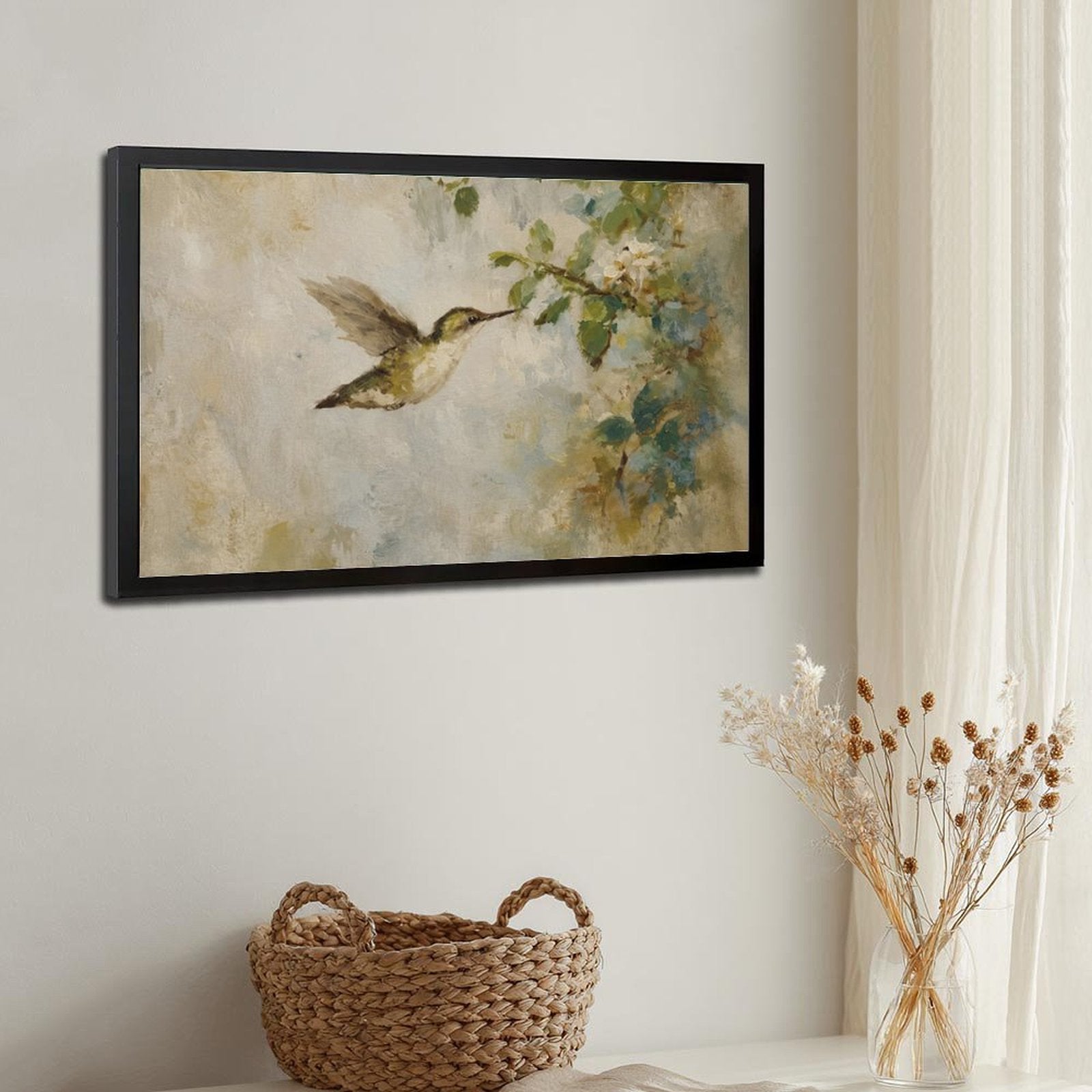 hummingbird hovering beside pale blossoms in cream, sage green, soft blue tones — Black Frame SIDE_DETAIL