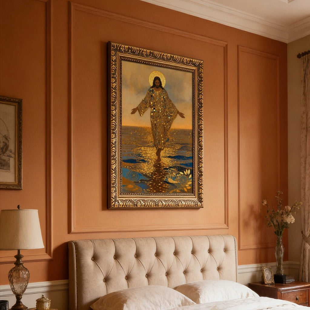 haloed sacred figure walking across reflective water in gold, deep blue, warm brown tones — Vintage Gold Frame SCENE_05