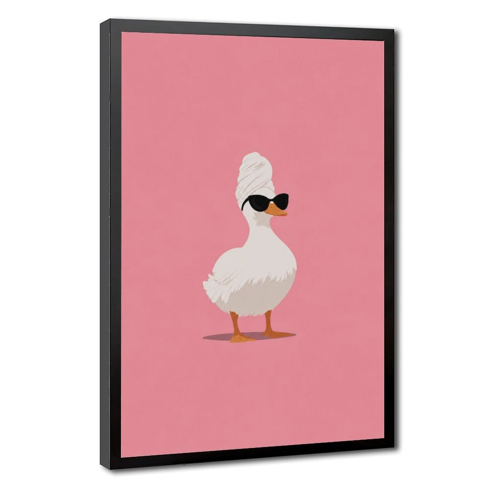 white duck wearing a towel turban and black sunglasses in pink, white, black tones — Black Frame HERO