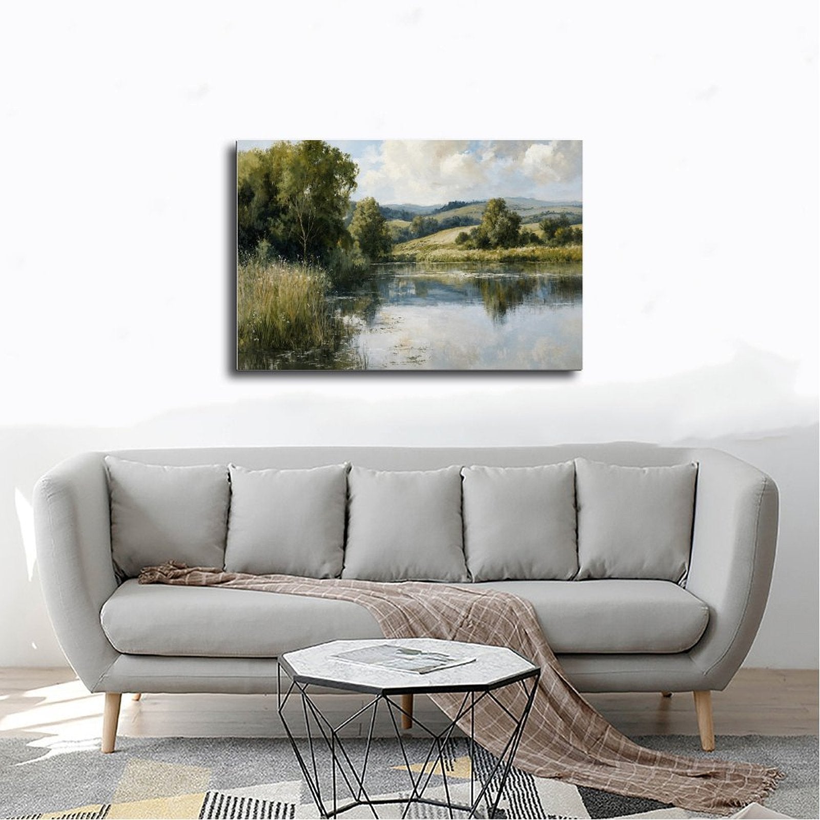 quiet river winding through a green countryside in sage green, blue gray, cream tones — Wrapped Canvas SCENE_02
