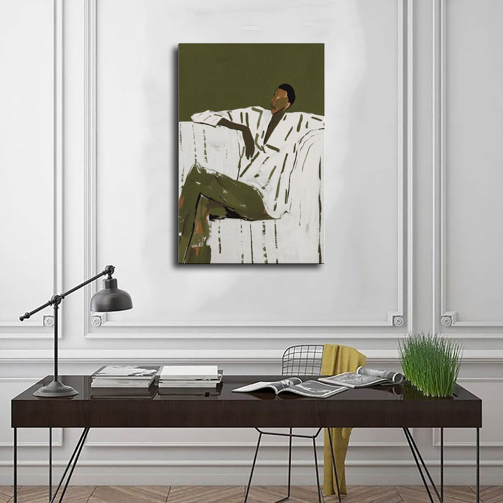 seated man in a white shirt and olive trousers in minimalist figurative art style — Wrapped Canvas SCENE_01