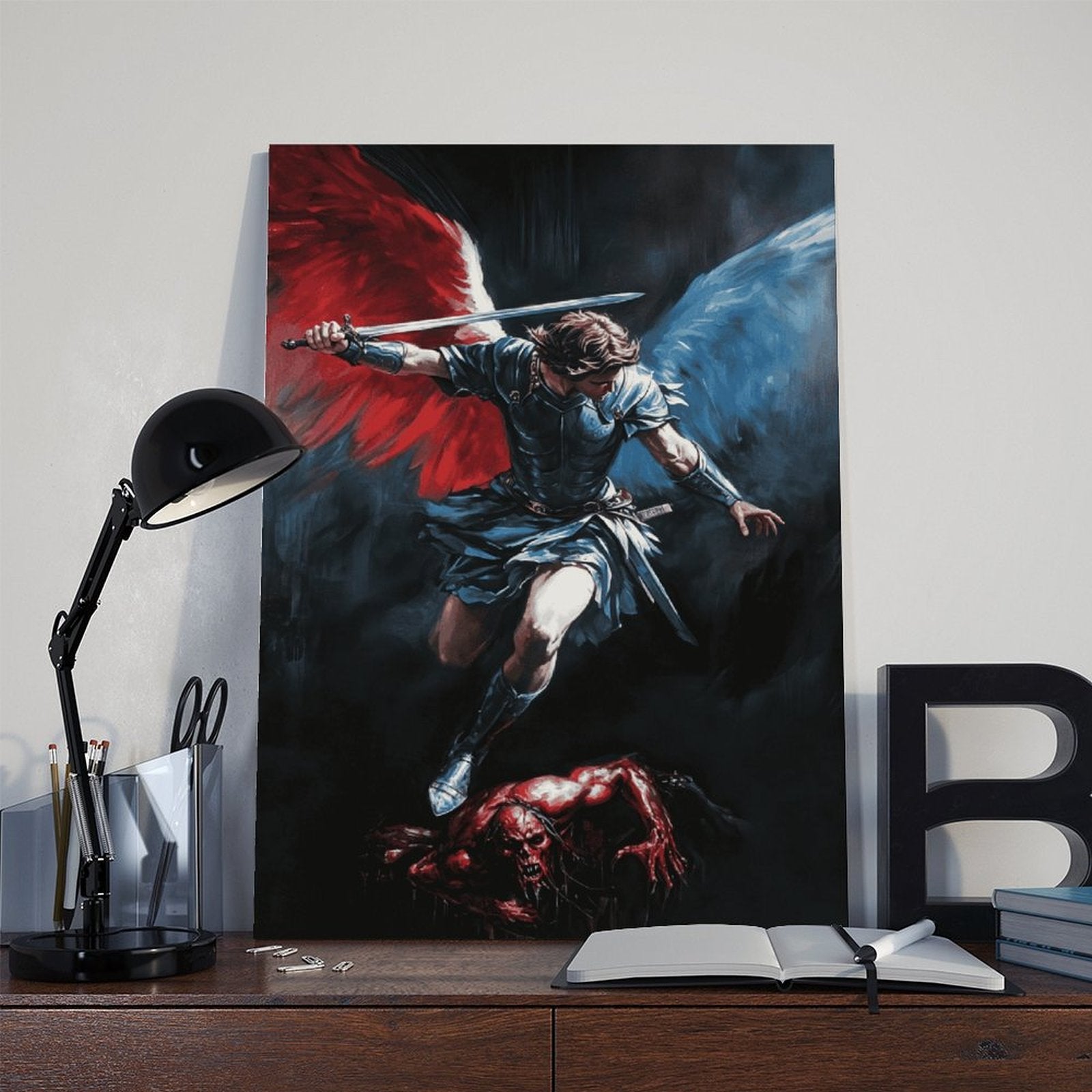 winged archangel warrior battling a red dragon in religious fantasy art style — Wrapped Canvas SCENE_06