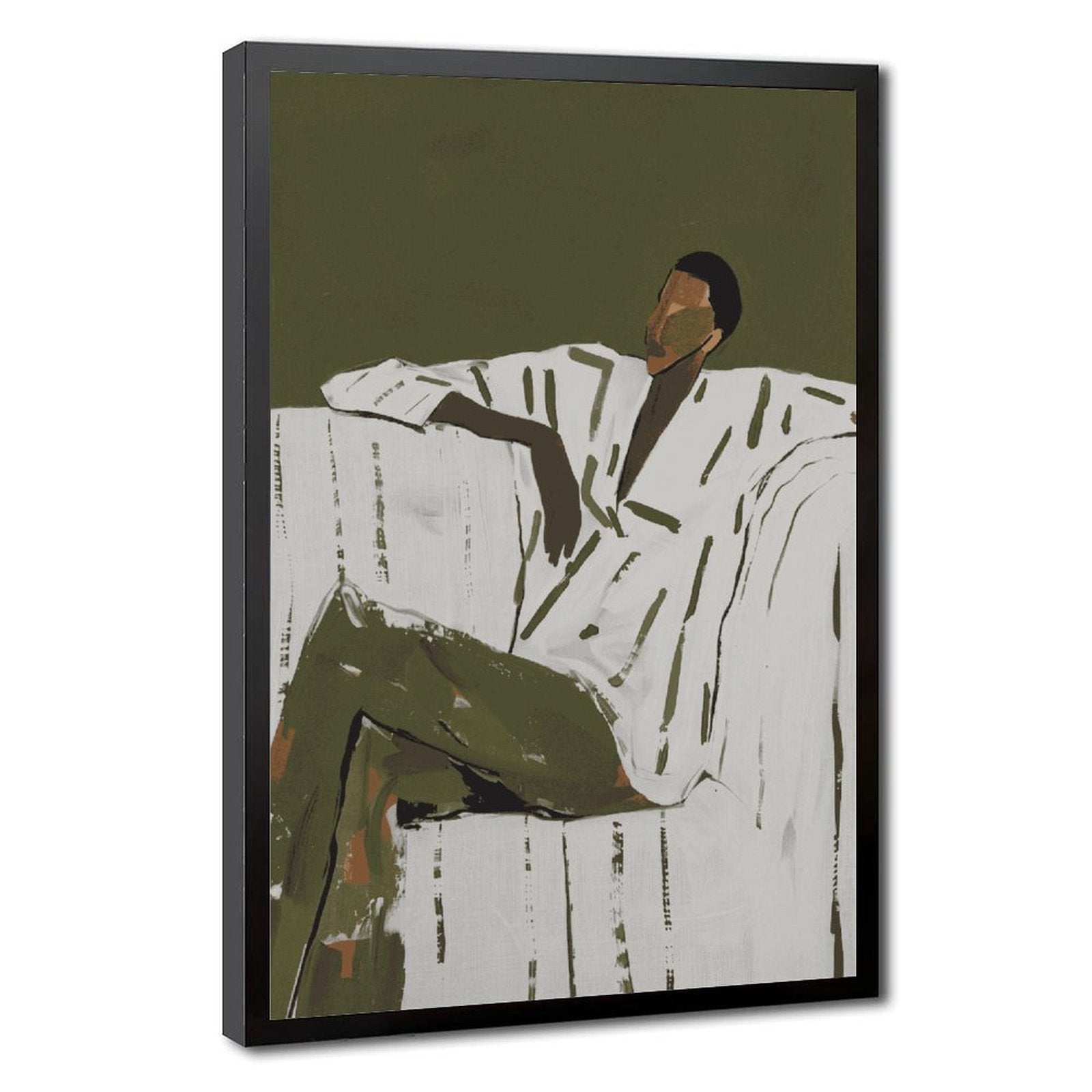 seated man in a white shirt and olive trousers in minimalist figurative art style — Black Frame HERO