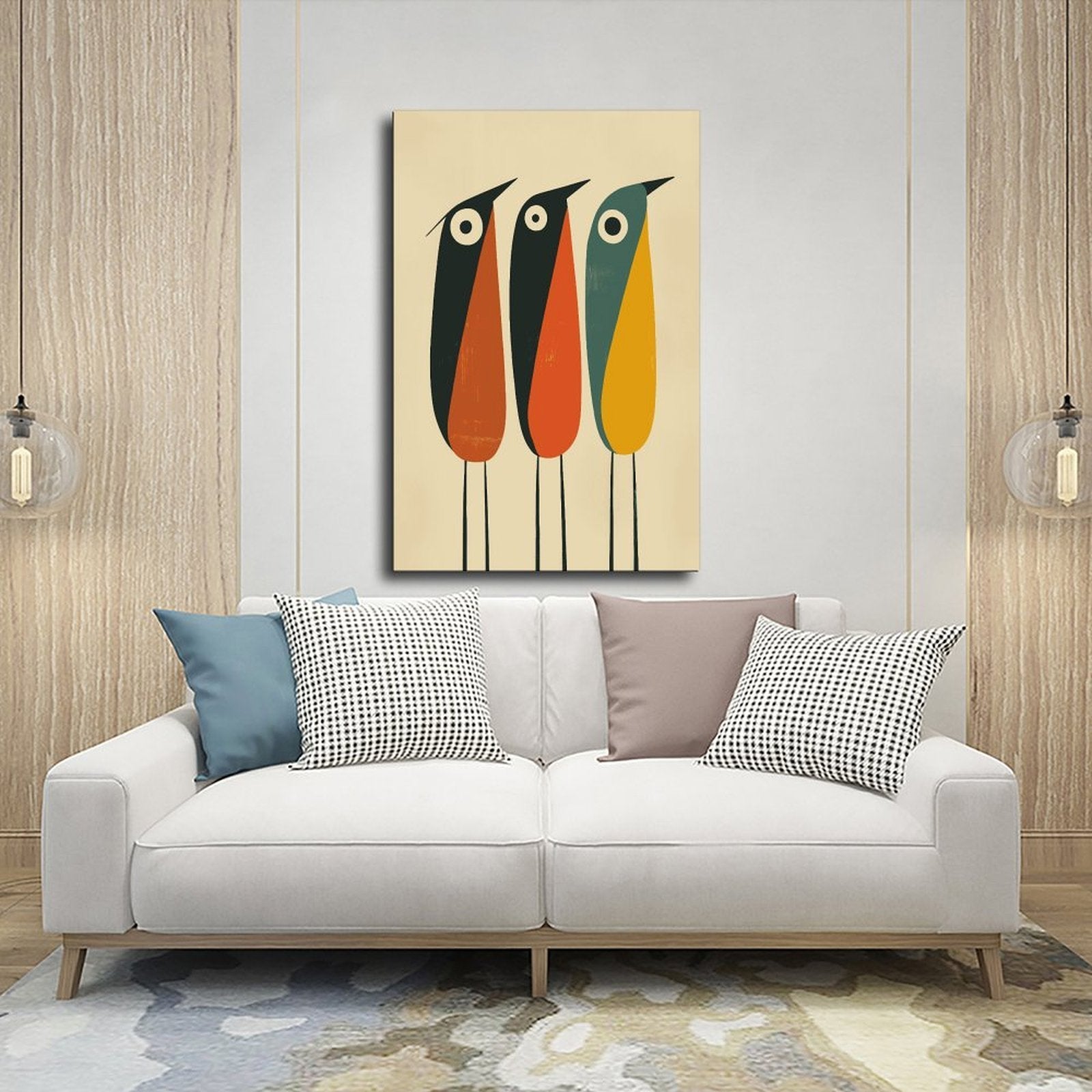 three stylized long-beaked birds in geometric illustration style — Wrapped Canvas SCENE_03