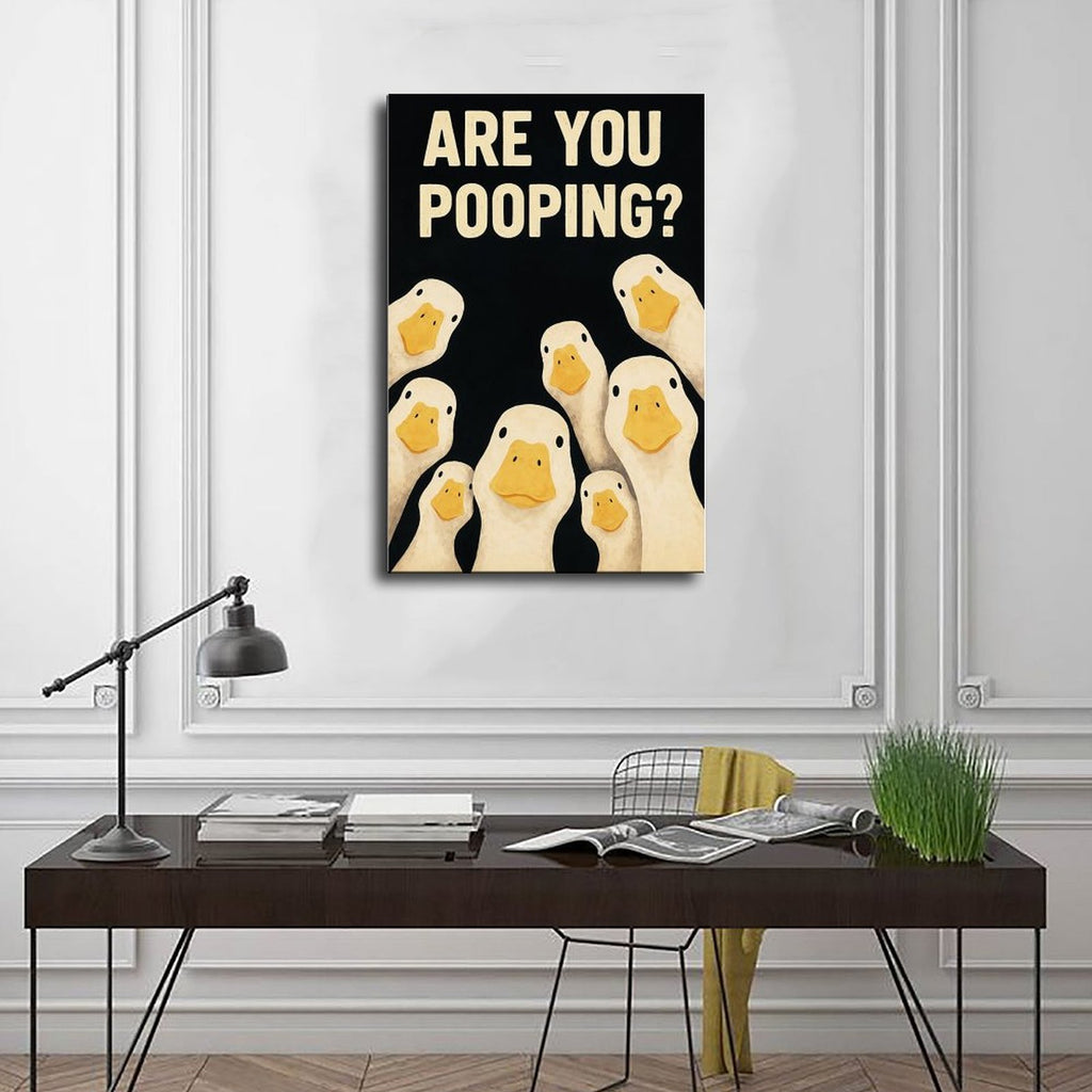 group of white ducks beneath bold bathroom typography in black, cream, yellow tones — Wrapped Canvas SCENE_01