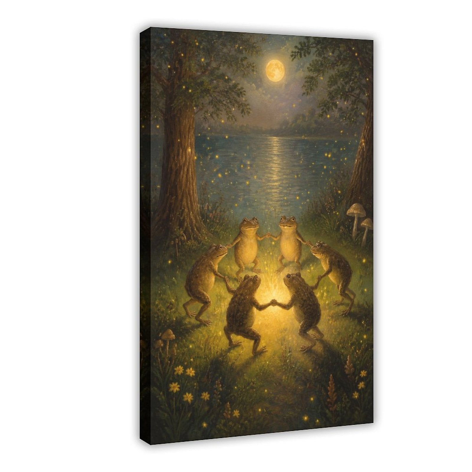 four frogs dancing around a glowing light by a moonlit pond in deep green, golden yellow, moonlit blue tones — Wrapped Canvas HERO