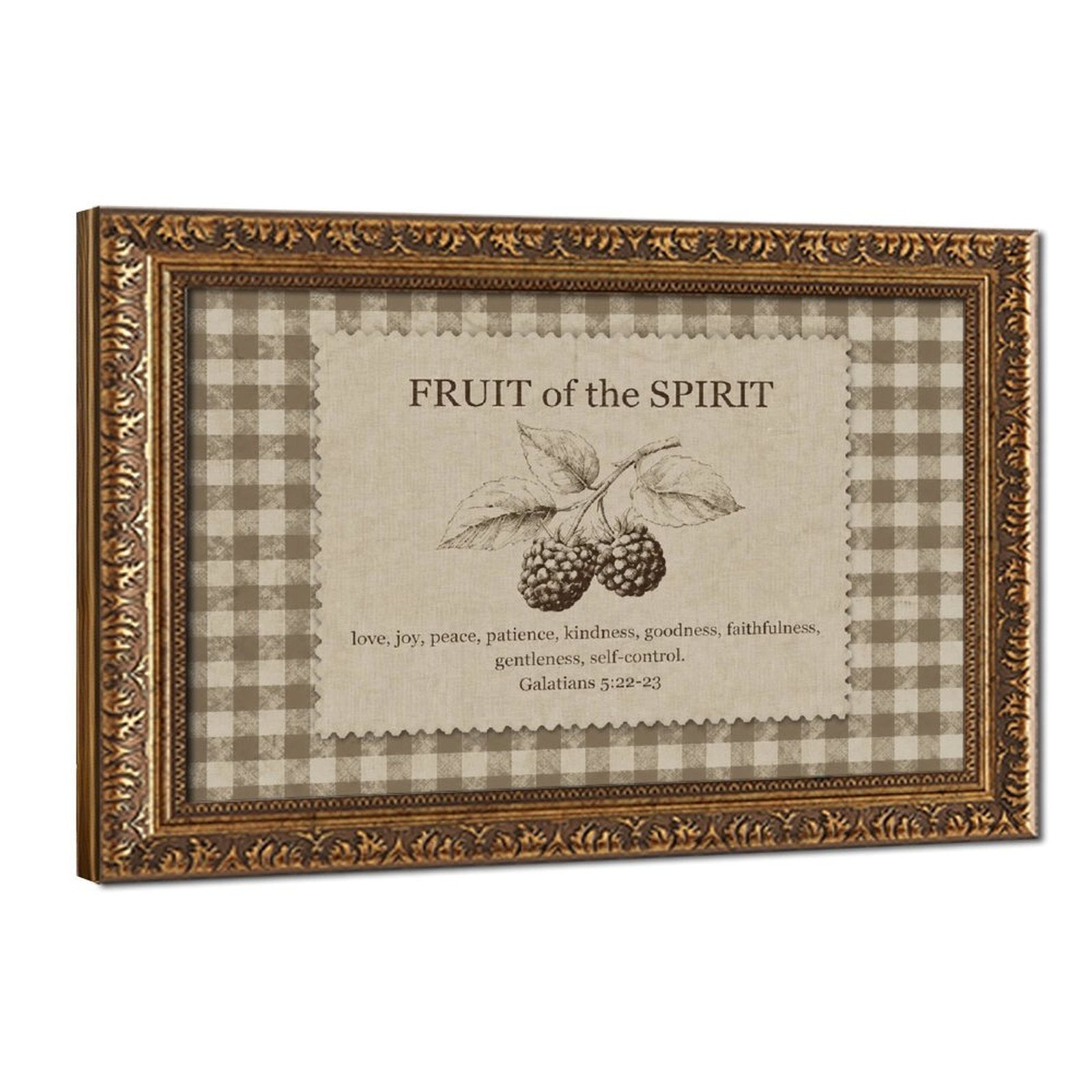 Fruit of the Spirit scripture typography with berry illustration in taupe, cream, brown tones — Vintage Gold Frame HERO