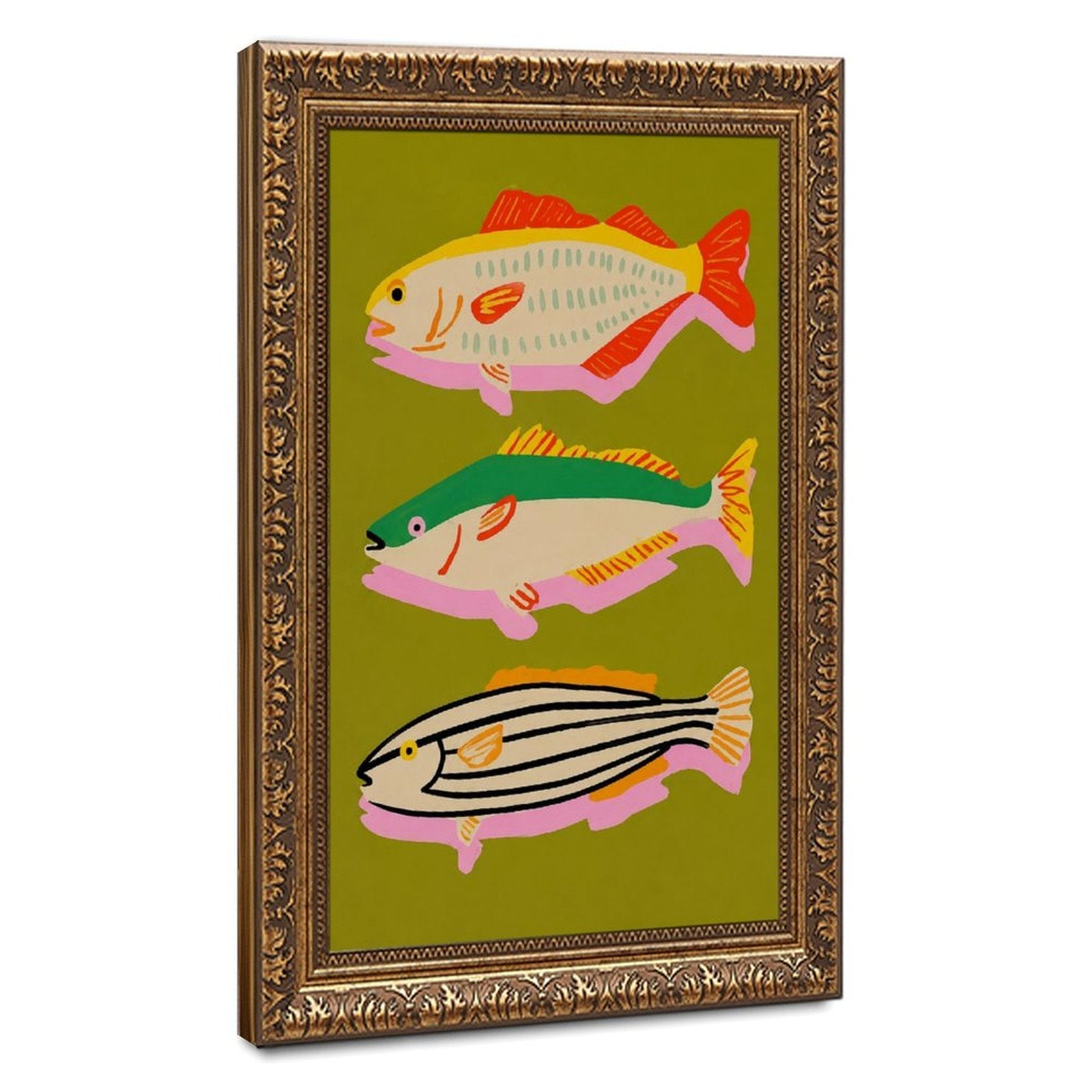three colorful stylized fish arranged vertically in olive green, coral red, pink tones — Vintage Gold Frame HERO
