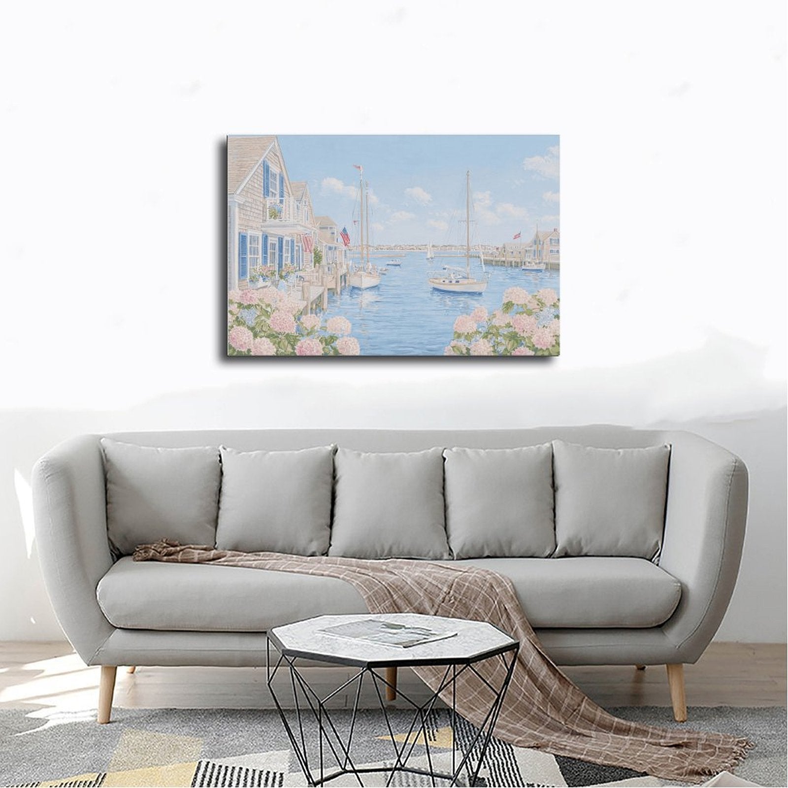 pastel coastal harbor village with boats in coastal landscape painting style — Wrapped Canvas SCENE_02