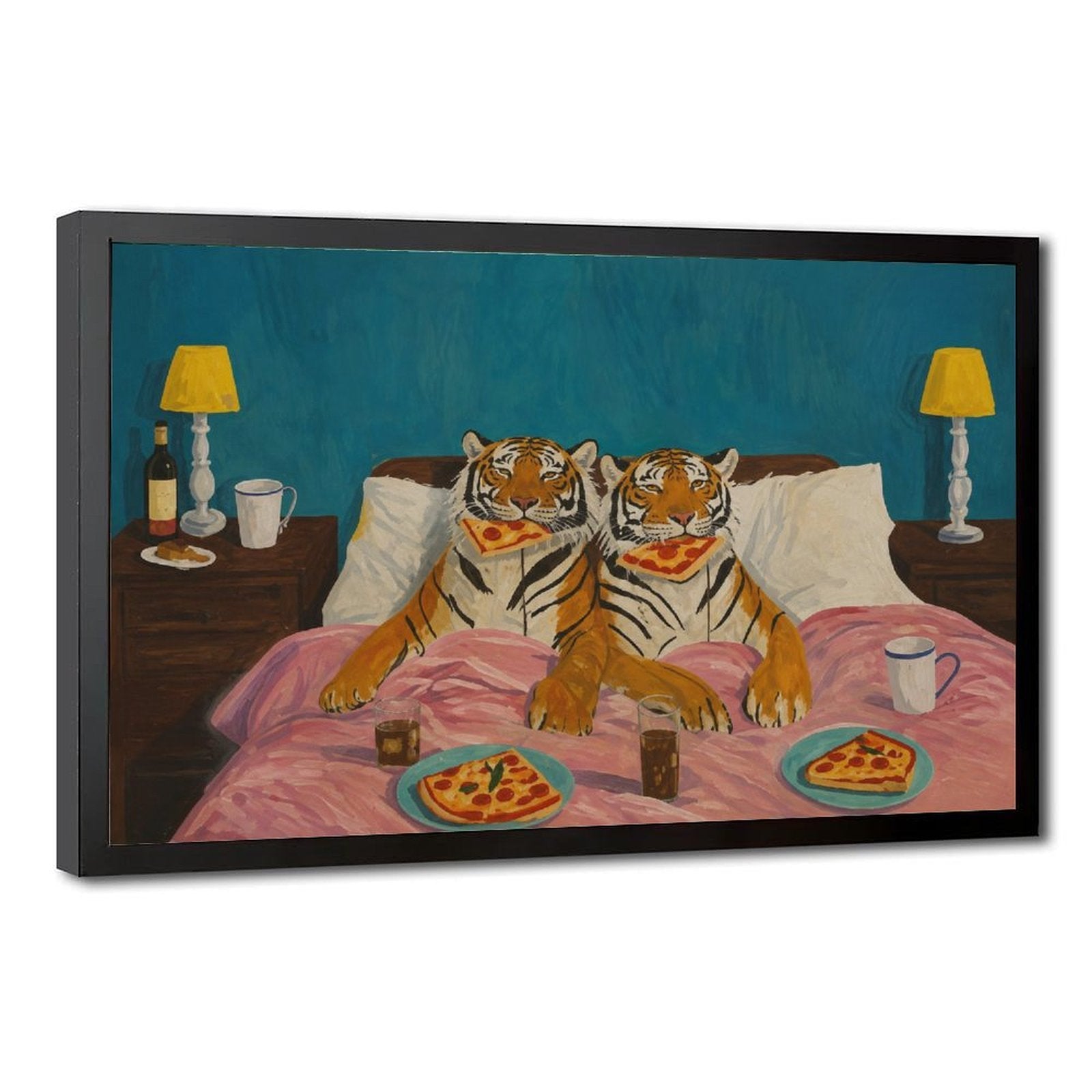 two tigers sitting in bed eating pizza in teal blue, orange, pink tones — Black Frame HERO