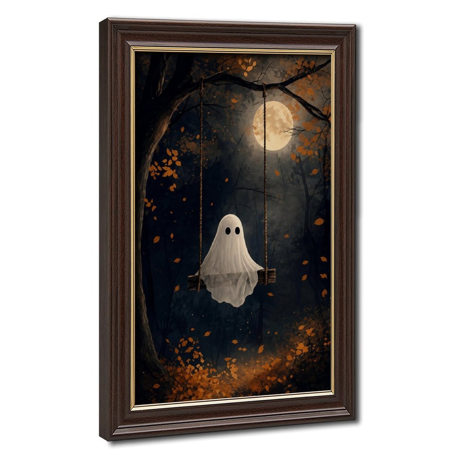 sheet ghost sitting on a swing beneath a full moon in navy blue, orange, white tones — Wood Grain Gold Frame HERO