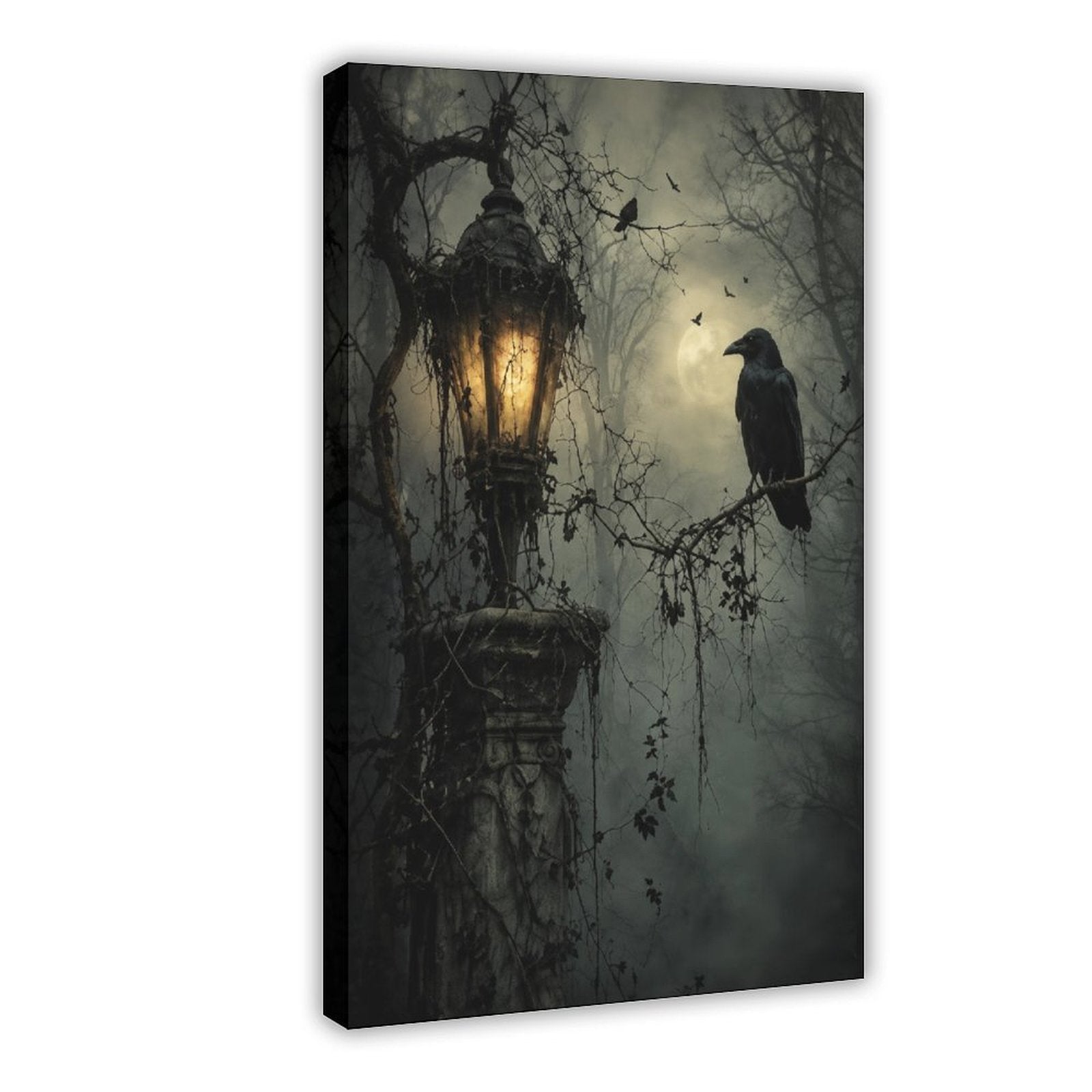 raven perched beside a glowing antique lantern in charcoal, black, amber tones — Wrapped Canvas HERO