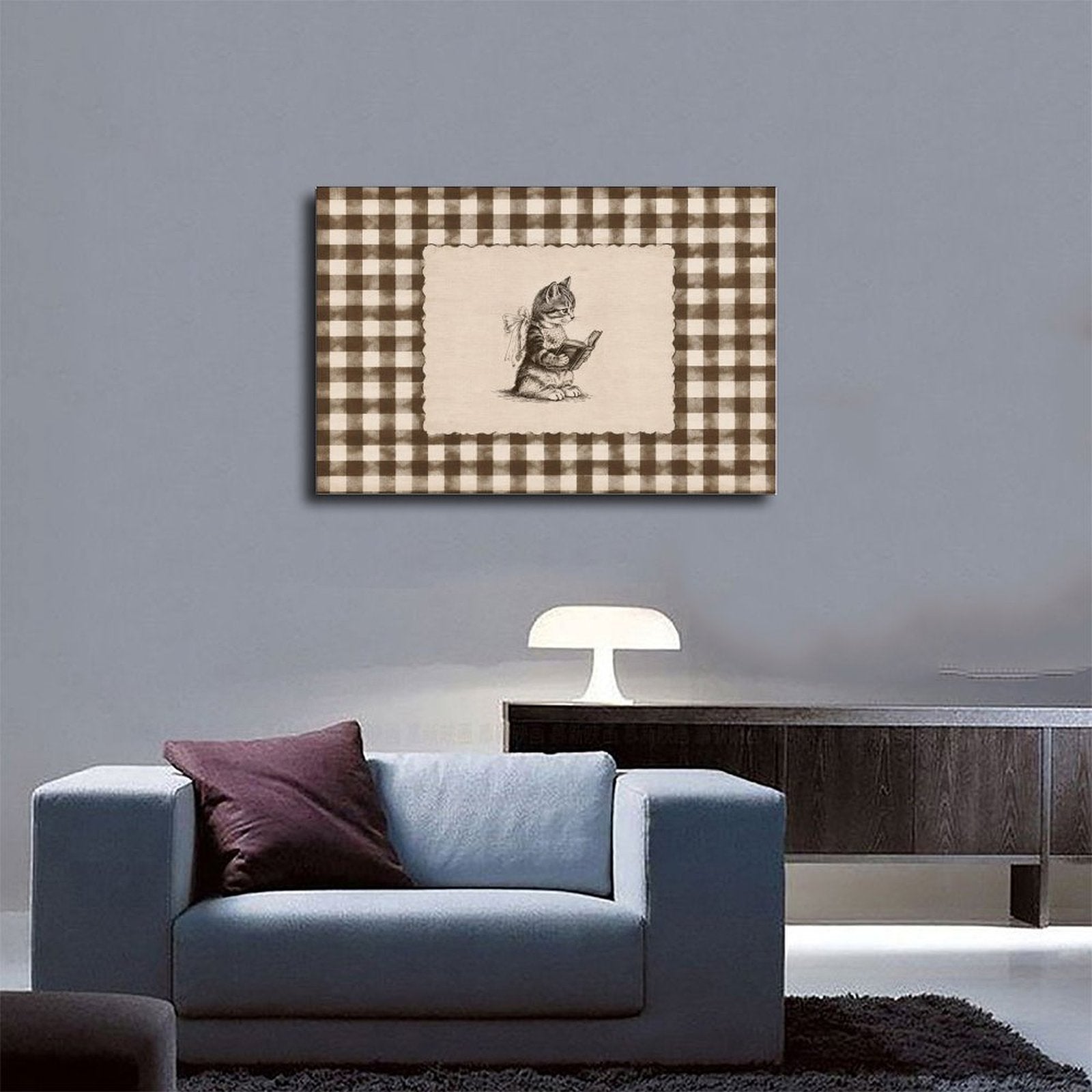 small rabbit reading a book in brown, cream, black tones — Wrapped Canvas SCENE_03