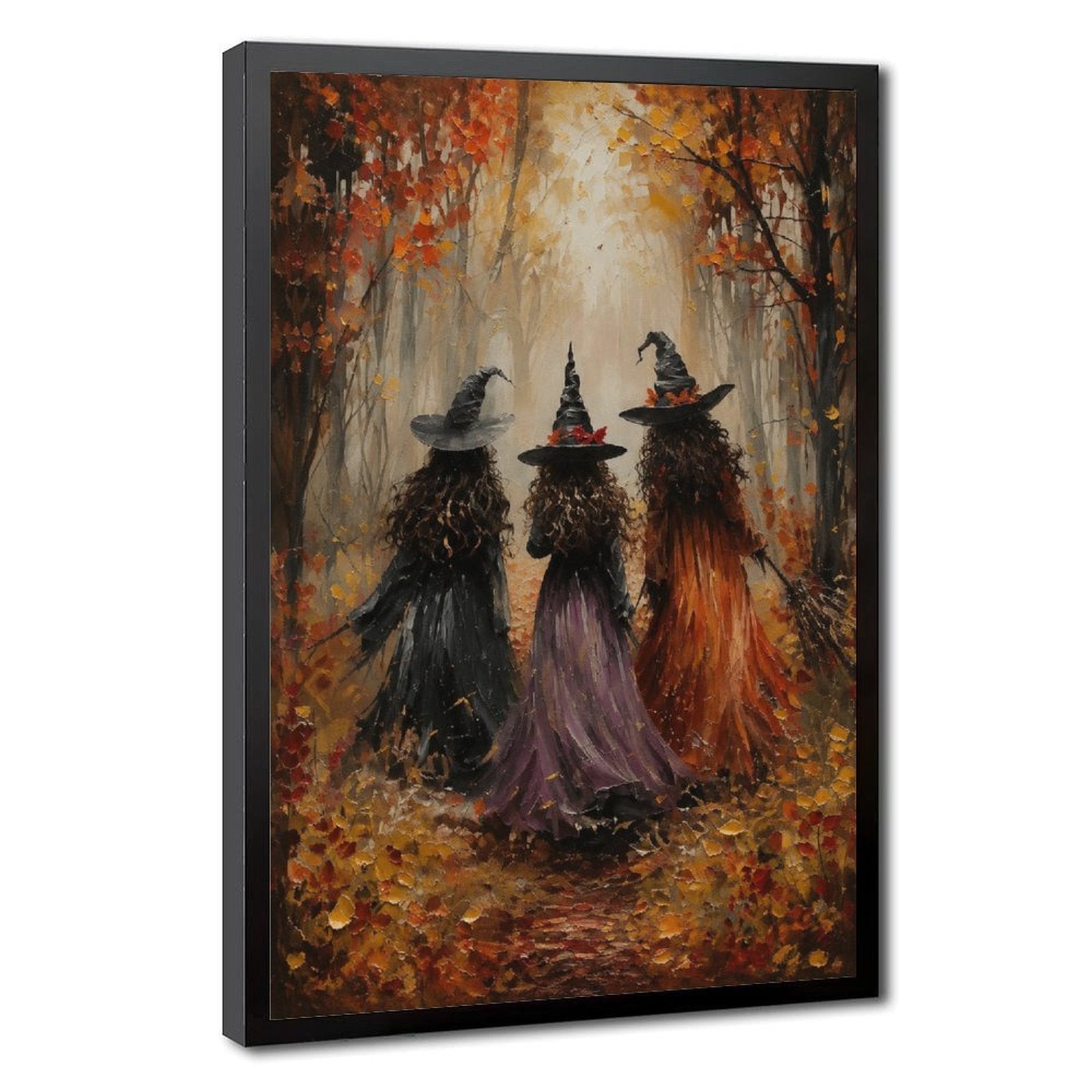 three witches walking through an autumn forest in orange, black, purple tones — Black Frame HERO