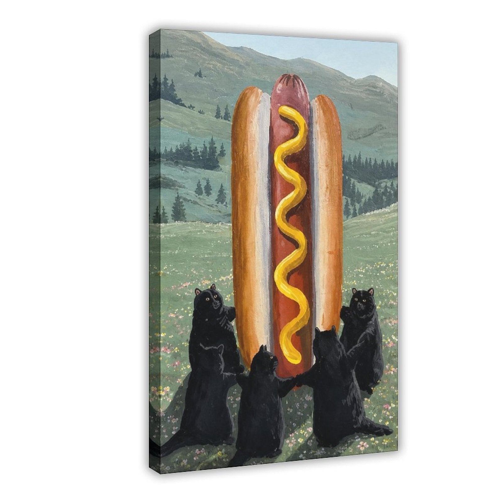 three black bears presenting a giant hot dog in a mountain meadow in green, black, red tones — Wrapped Canvas HERO