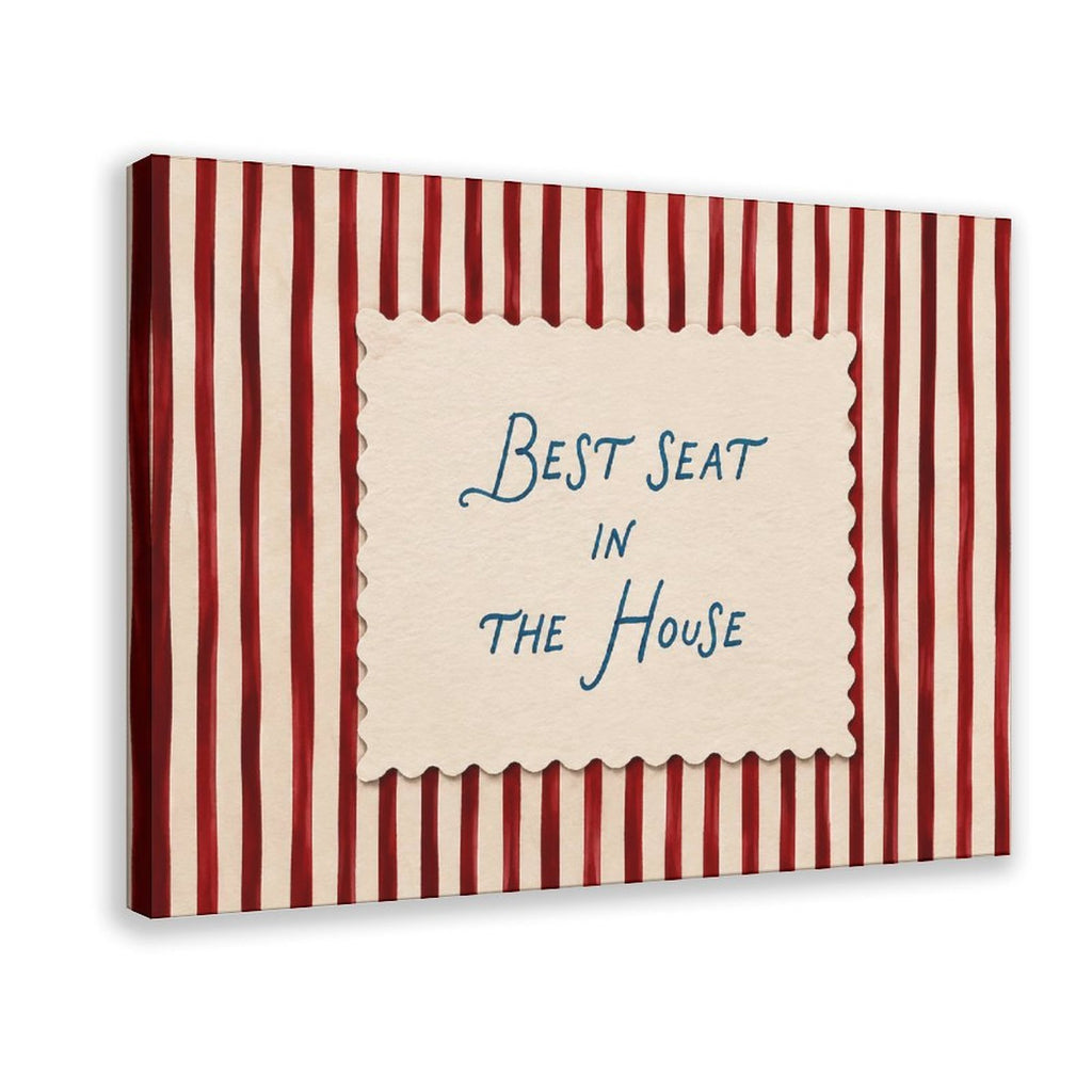 blue handwritten phrase on red striped background in red, cream, blue tones — Wrapped Canvas HERO