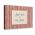 blue handwritten phrase on red striped background in red, cream, blue tones — Wrapped Canvas HERO