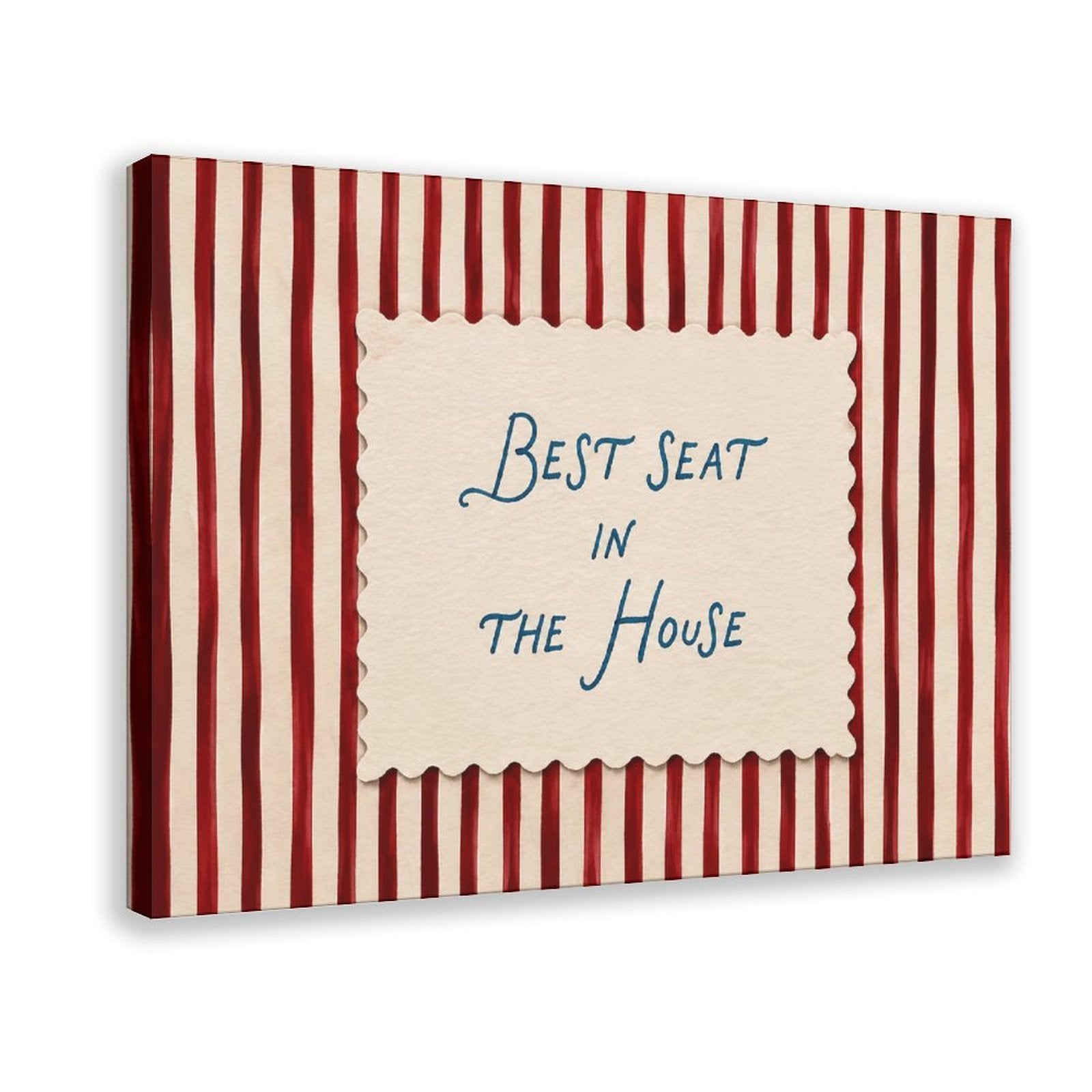 blue handwritten phrase on red striped background in red, cream, blue tones — Wrapped Canvas HERO