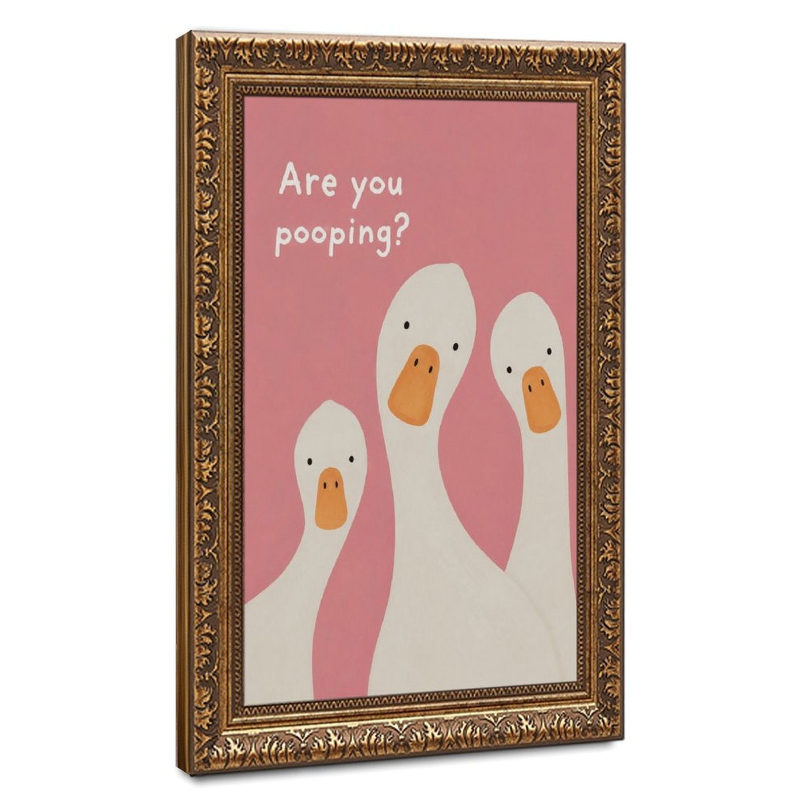 three white ducks beneath bathroom humor typography in pink, white, orange tones — Vintage Gold Frame HERO