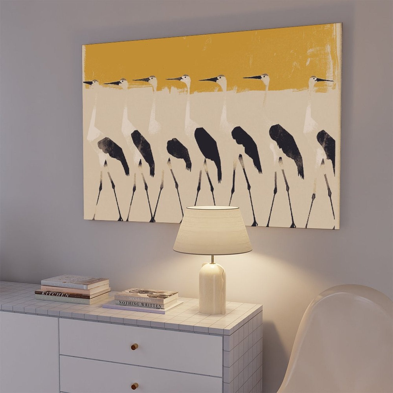 row of stylized pale birds in abstract animal art style — Wrapped Canvas SCENE_05