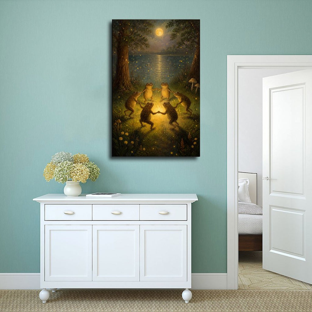 four frogs dancing around a glowing light by a moonlit pond in deep green, golden yellow, moonlit blue tones — Wrapped Canvas SCENE_02