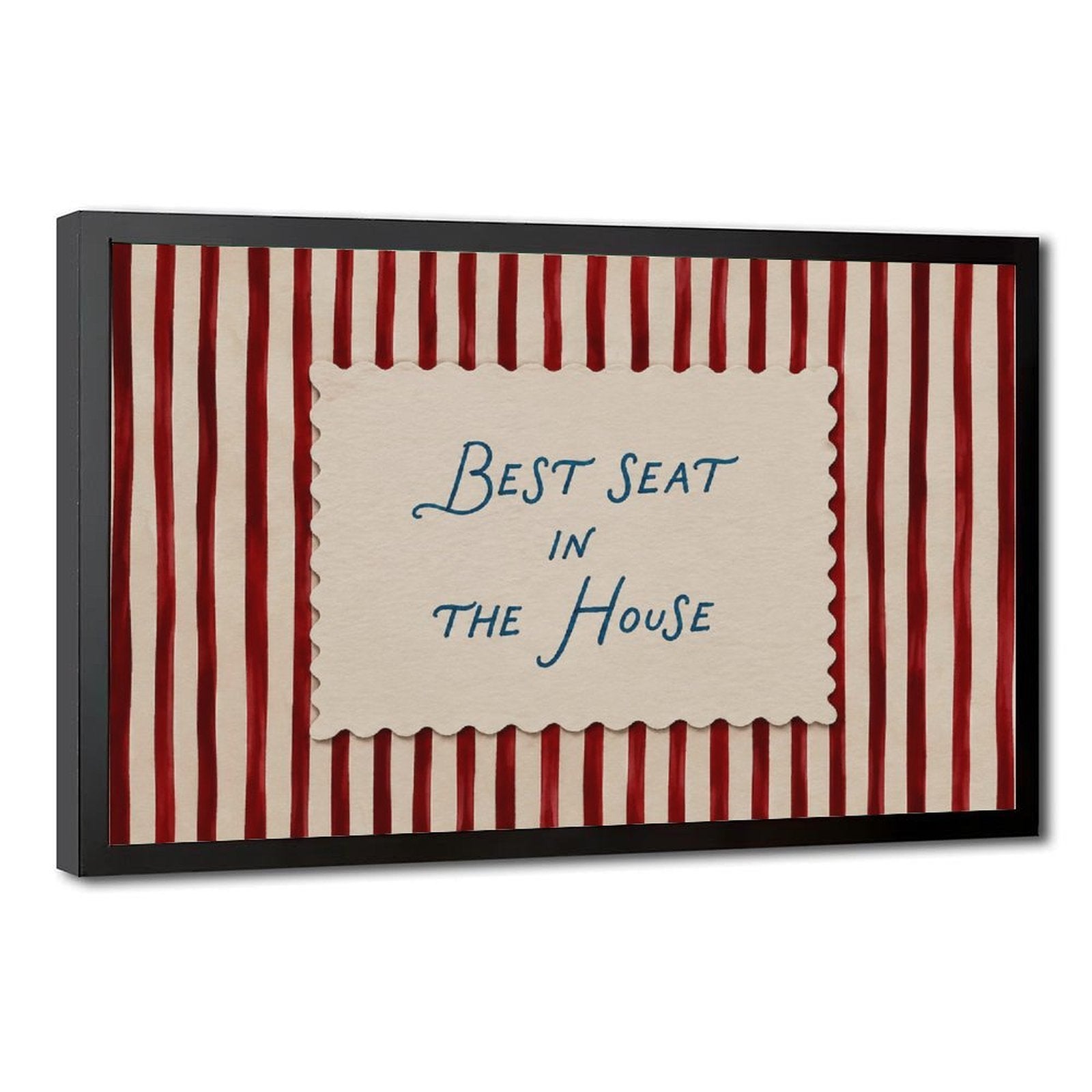 blue handwritten phrase on red striped background in red, cream, blue tones — Black Frame HERO